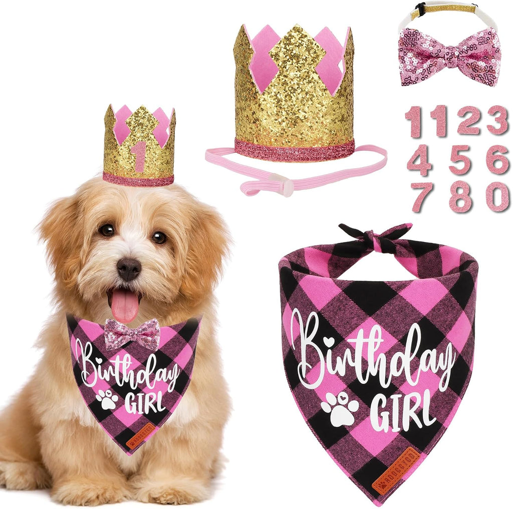 ADOGGYGO Dog Birthday Hat, Pink Plaid Birthday Dog Bandana Set, Small
