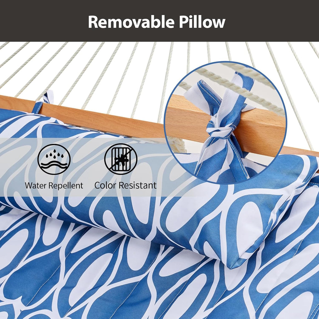 CHULIM Outdoor Double Hammock with Hardwood Spreader Bars, Large Rope Hammock with Polyester Pad and Pillow, 475 LBS Capacity for 2 Person Patio Backyard Poolside - Blue Printing