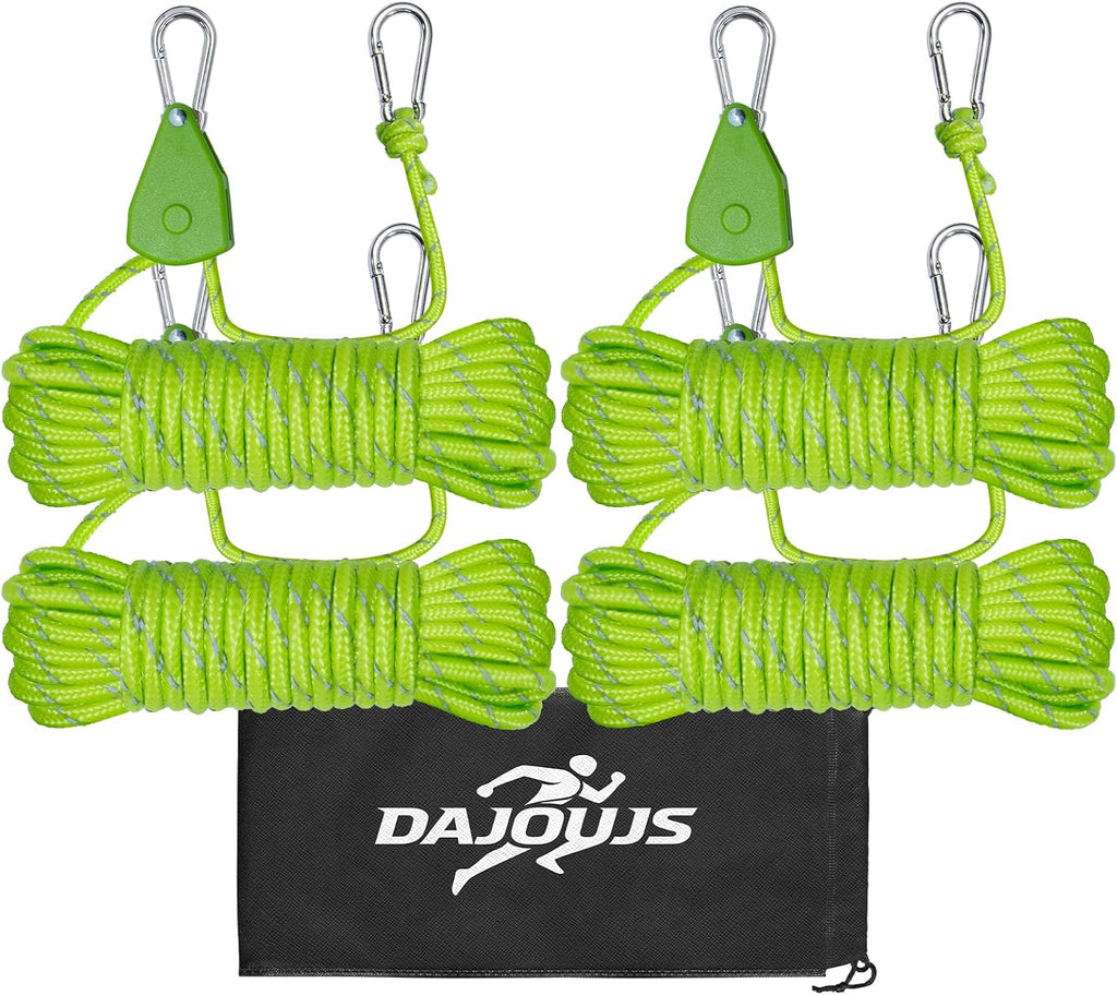 4Pack 4mm Reflective Guy Lines, Heavy‑Duty Tent Rope Tie Down Rope Line, Ultralight Camping Rope with Ratchet Pulley & 2 Metal Buckles, Aluminum Adjuster for Tarp Canopy Kayak Outdoor Camping, 13ft