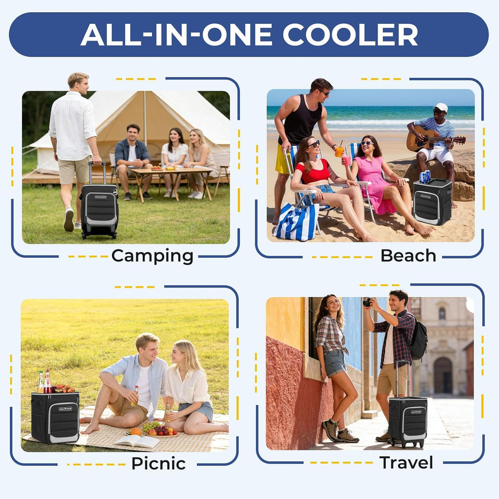 INSMEER 2-in-1 Rolling Cooler with Wheels, 60 Cans Collapsible Soft Sided Cooler on Wheels, Hard Top with 2 Cup Holders, Insulated 100% Leakproof Wheeled Cooler Bag for Beach Camping Outdoor