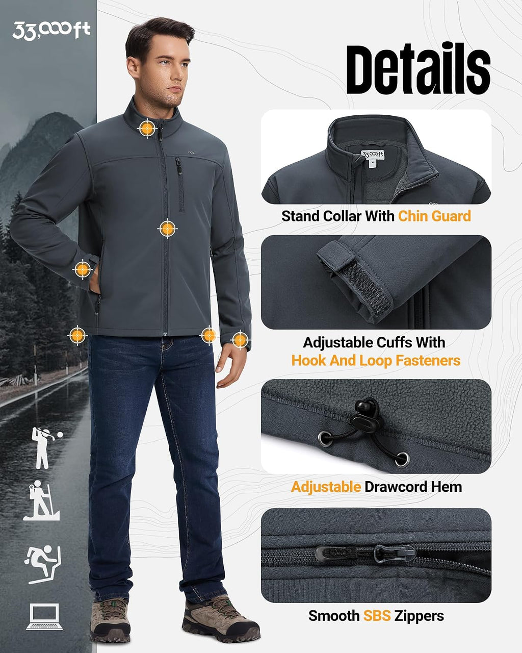 33,000ft Men's Waterproof Softshell Jacket Fleece Lightweight Windbreaker