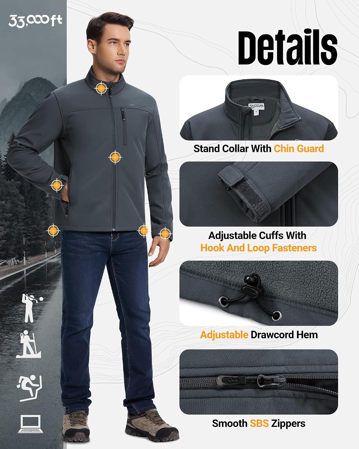 33,000ft Men's Waterproof Softshell Jacket Fleece Lightweight Windbreaker