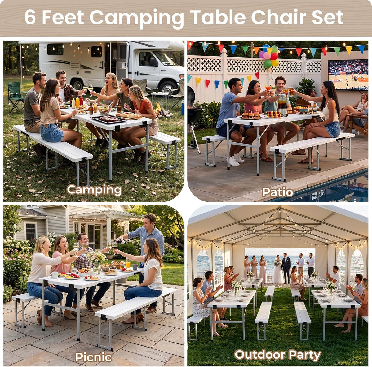 6' Picnic Table Set w/2 Benches 3-Piece 1-Case Camping Table Chair Set