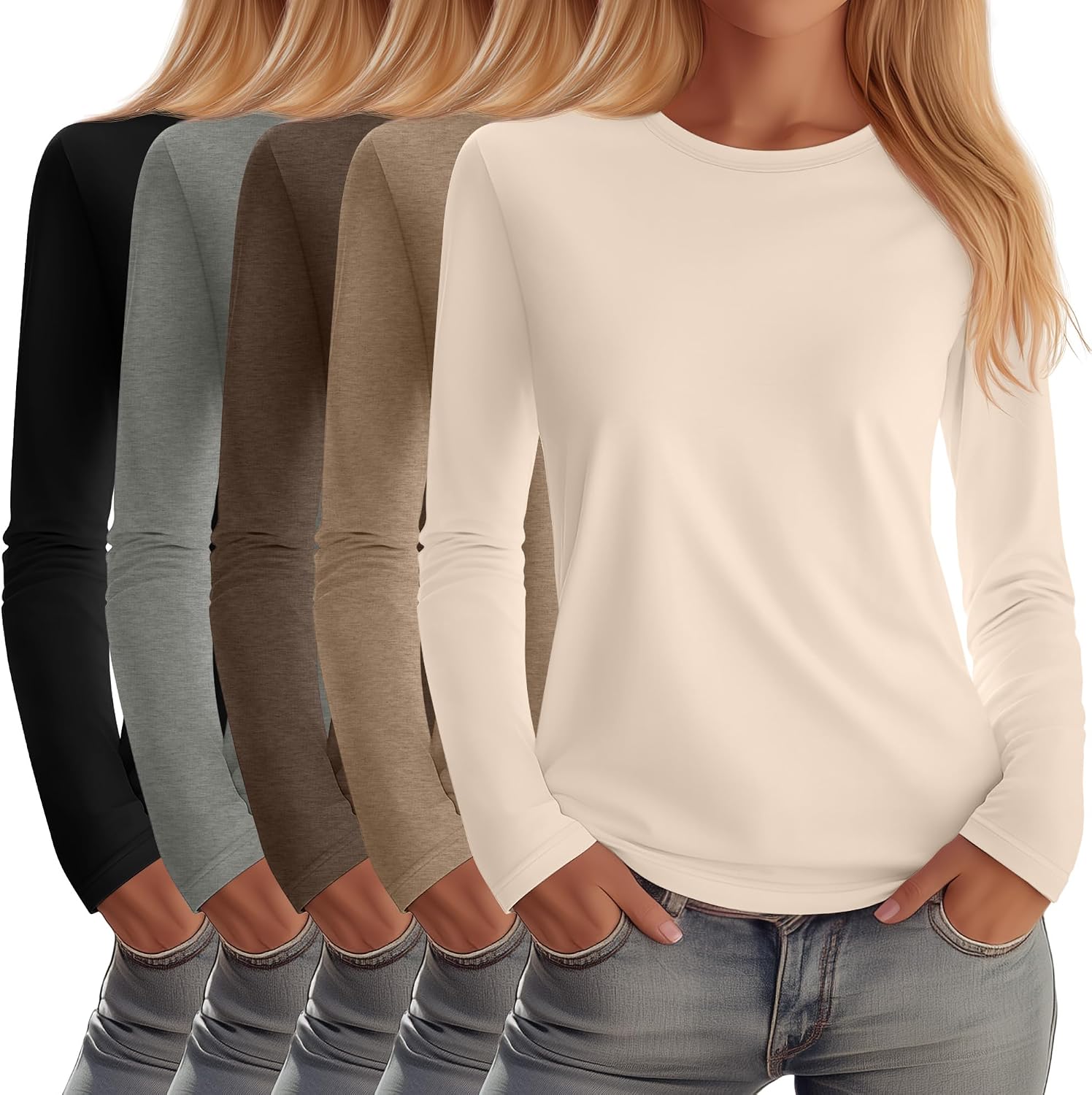 Huukeay 5 Pack Women's Crew Neck Long Sleeve Shirts