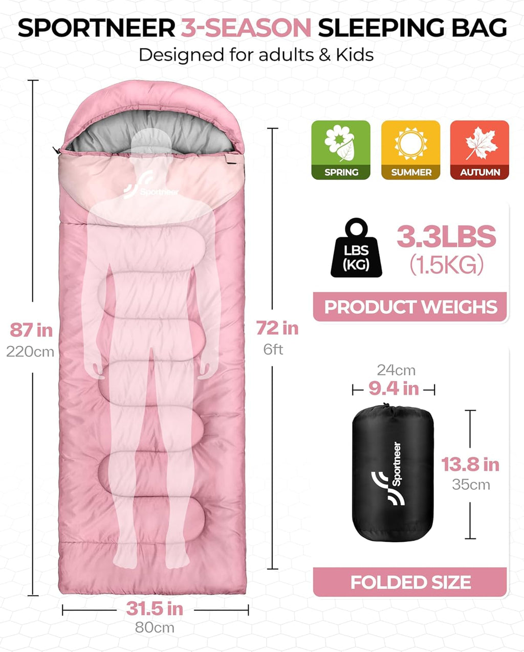 Sportneer Sleeping Bag for Adults Kid Waterproof lightweight Camping Hiking