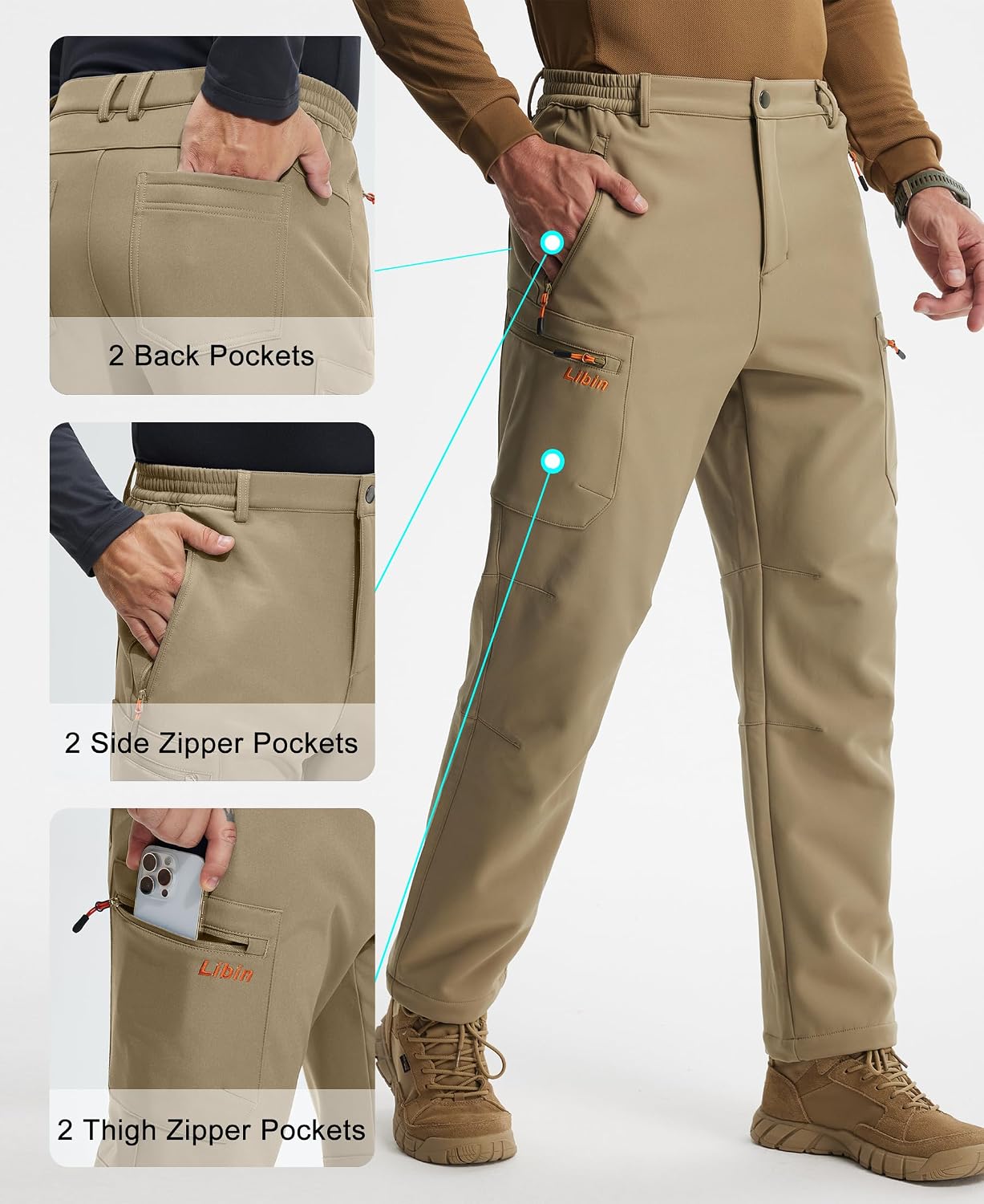 Libin Men's Fleece Lined Hiking Pants Snow Ski Water Resistant