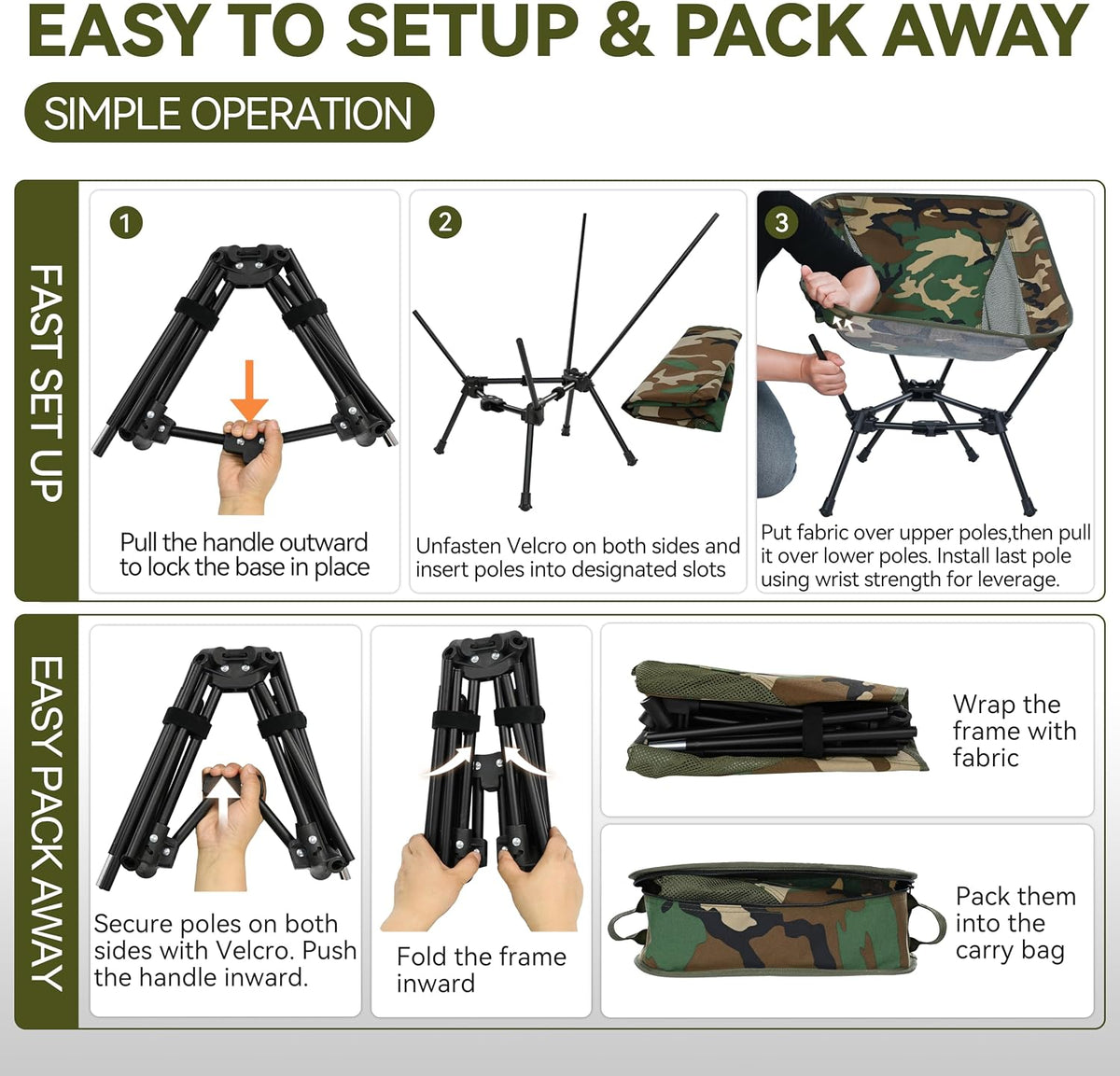 MARCHWAY Lightweight Folding Camping Chair, Portable Foldable Compact for Outdoor Camp, Travel, Beach, Picnic, Festival, Hiking, Backpacking, Supports 330Lbs (Camo)
