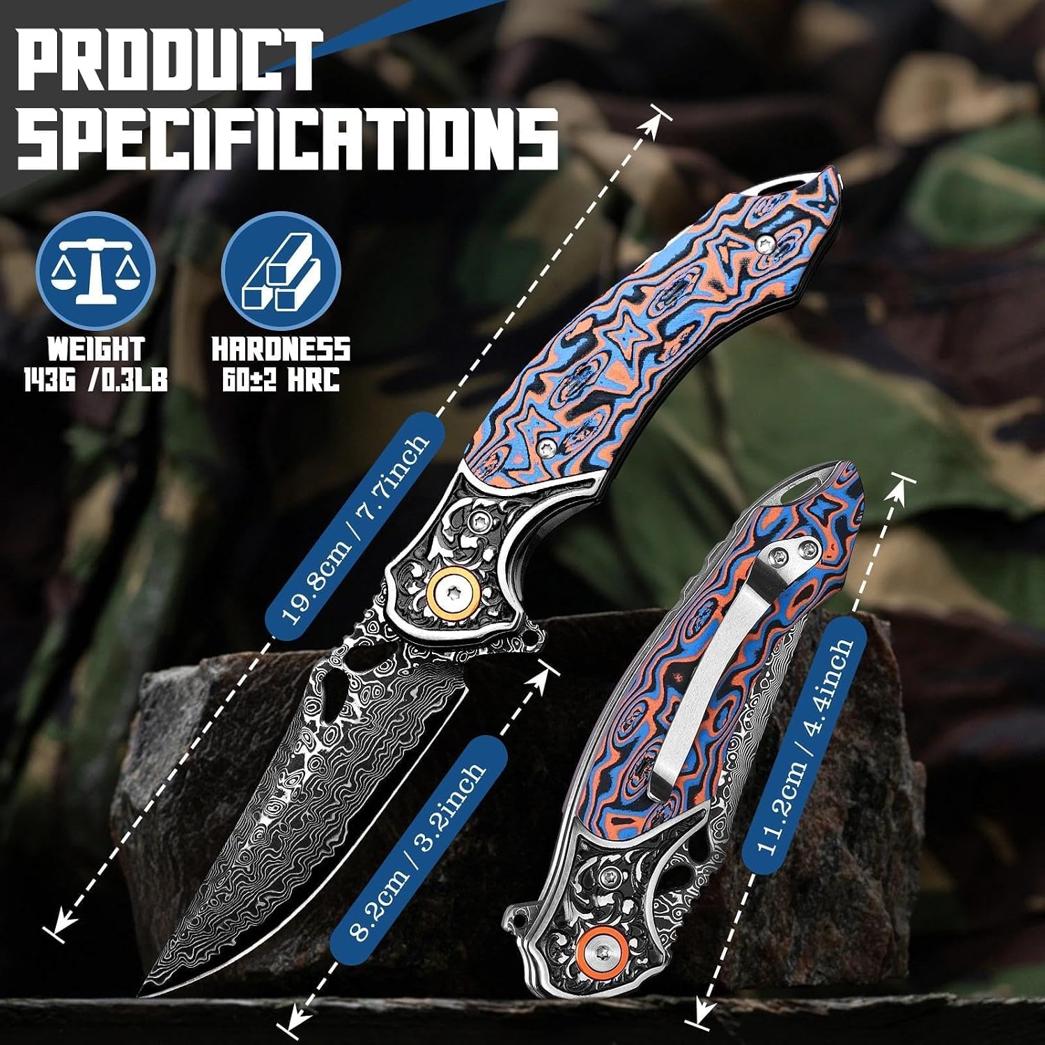Freelander Damascus Folding Pocket Knife with G10 Handle - Gifts for Men