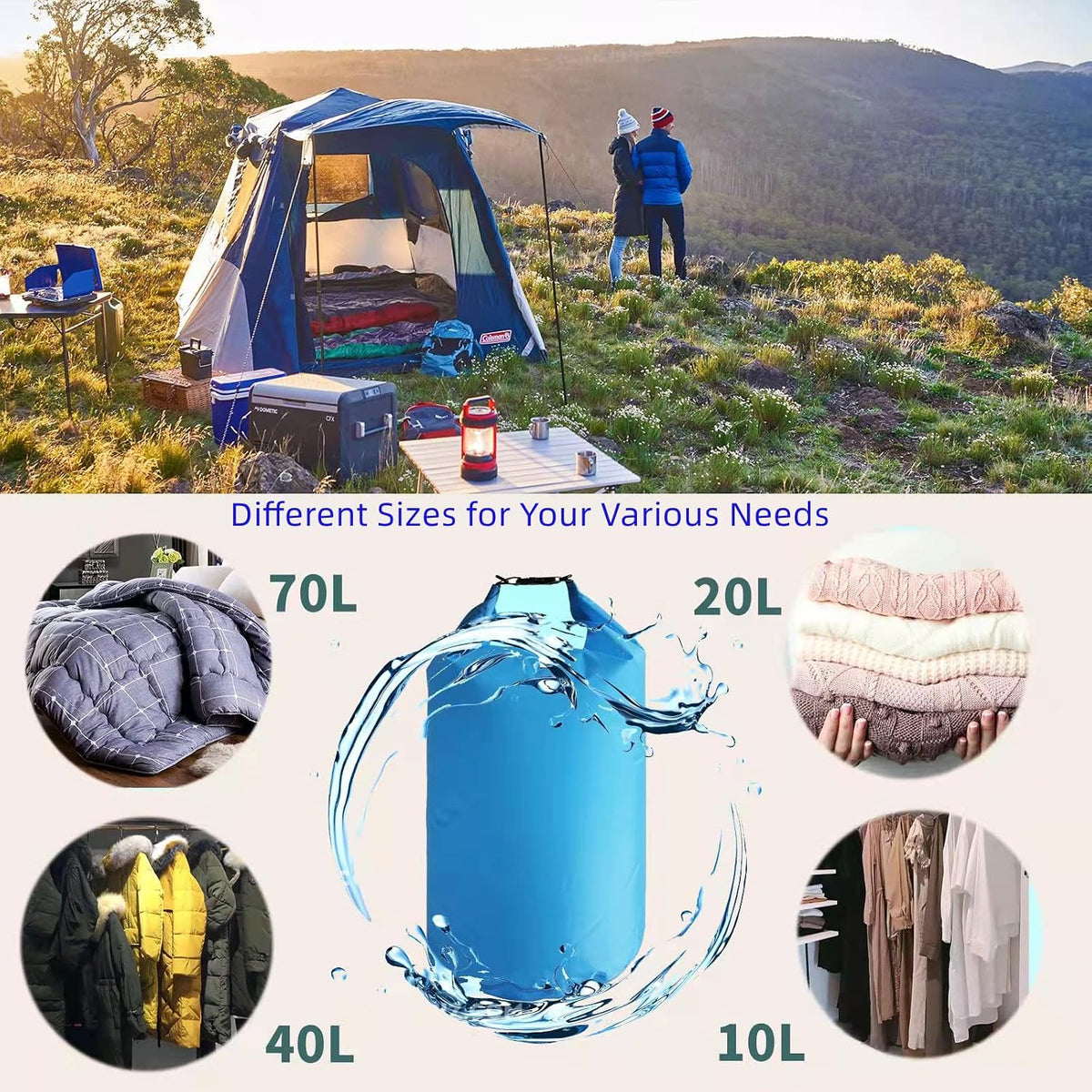 CMCOOPLX 10L/20L/40L/70L Waterproof Dry Bags, Lightweight Canoe Storage for Kayaking Rafting Boating Hiking Camping Travel Fishing Sea Swimming