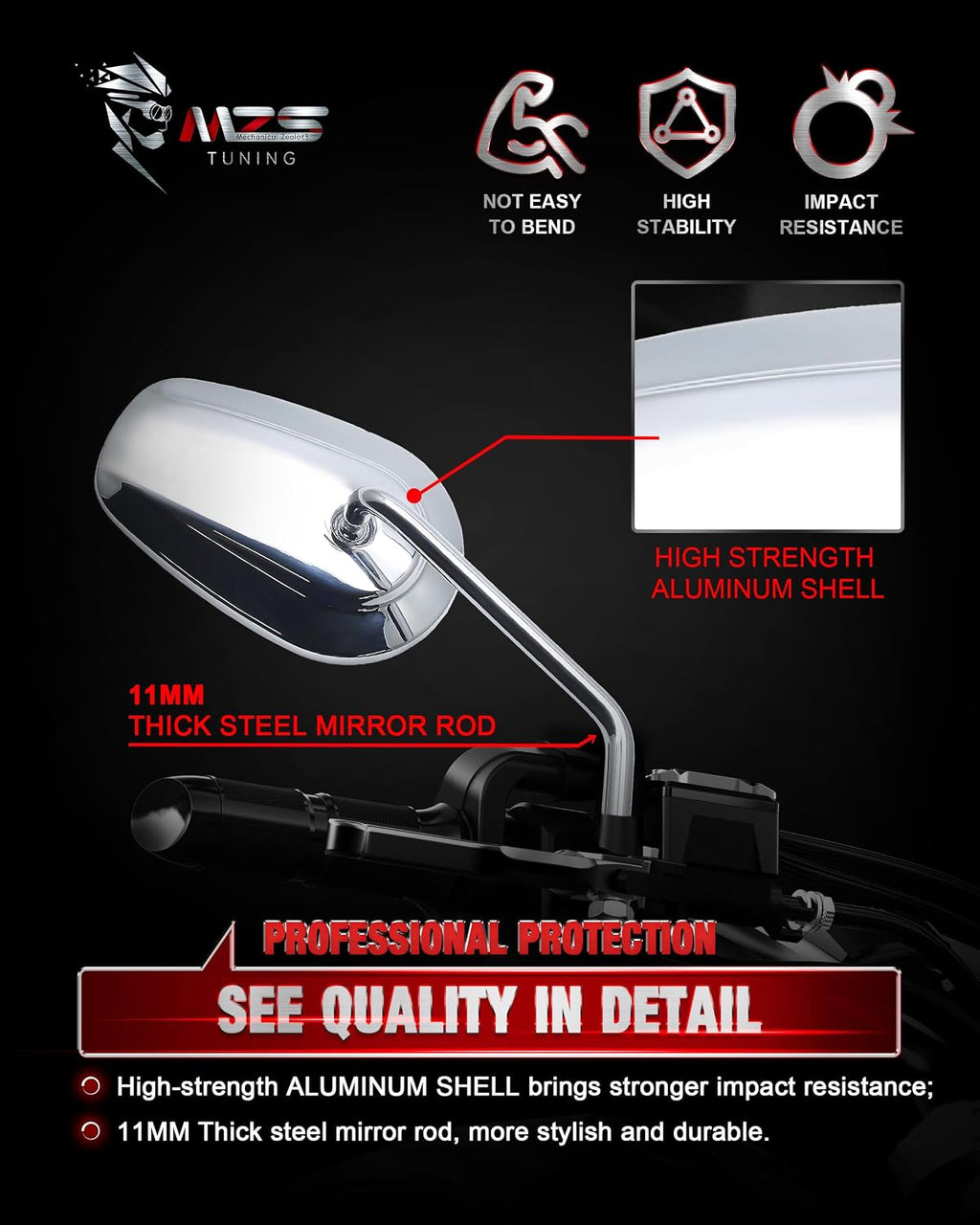 MZS Motorcycle Mirrors Chrome, M8 Touring Rear View Side Mirror Heavy Aluminium Compatible with Dyna Softail Sportster 883 1200 Road Glide King Street Glide Electra Ultra Tri CVO Vrod Ultra 1982-2026