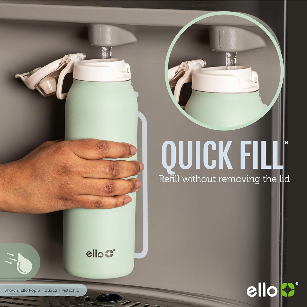 Ello Pop & Fill Insulated Stainless Steel Water Bottle with Quick Fill Lid, Leakproof Locking, Sip or Chug Spout, BPA-Free, Double Wall Vacuum Insulated for Sports, Travel & School- 22oz / 32oz / 40oz