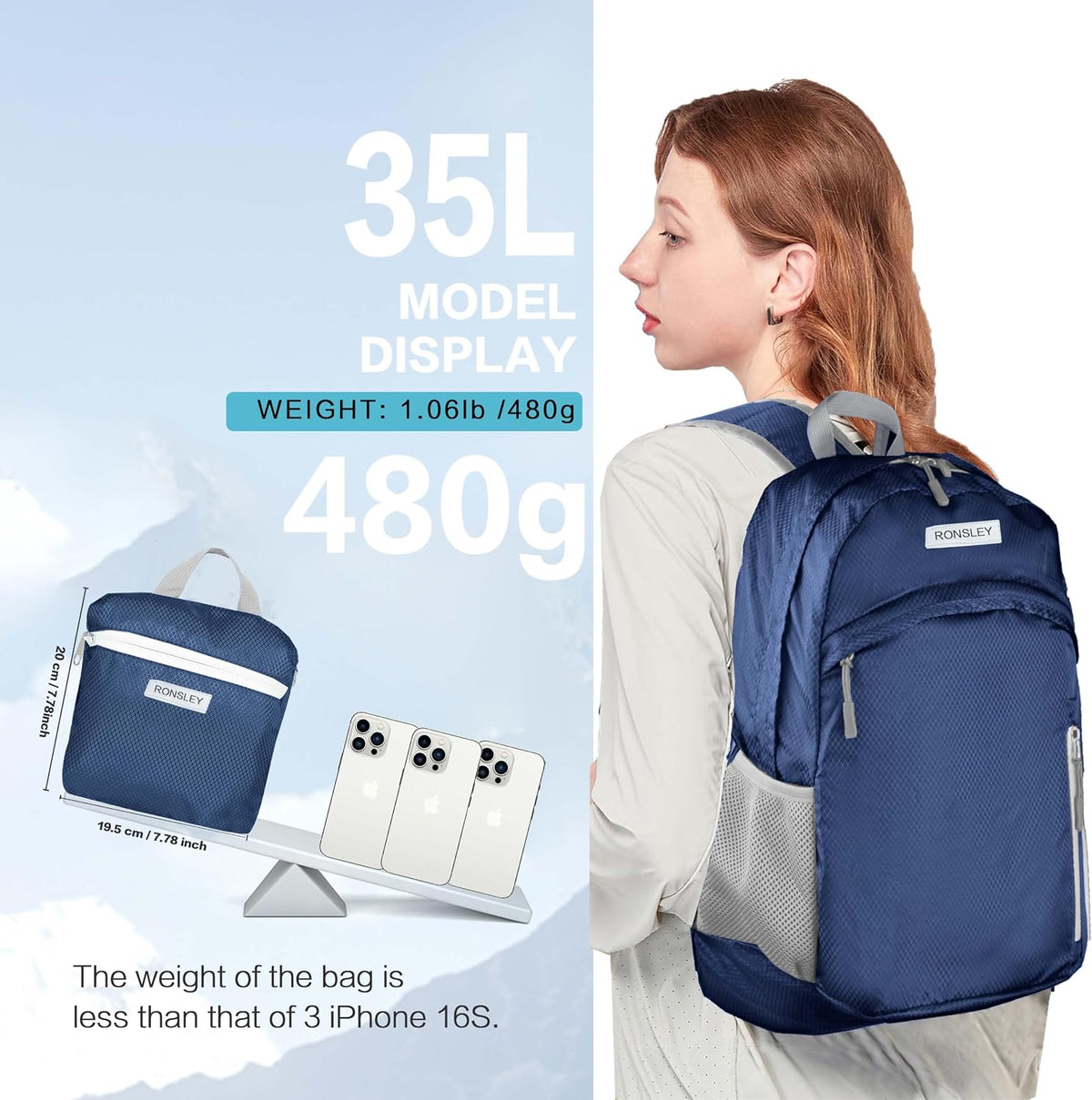 Waterproof Foldable Hiking Backpack, Lightweight Beach Bag DarkBlue