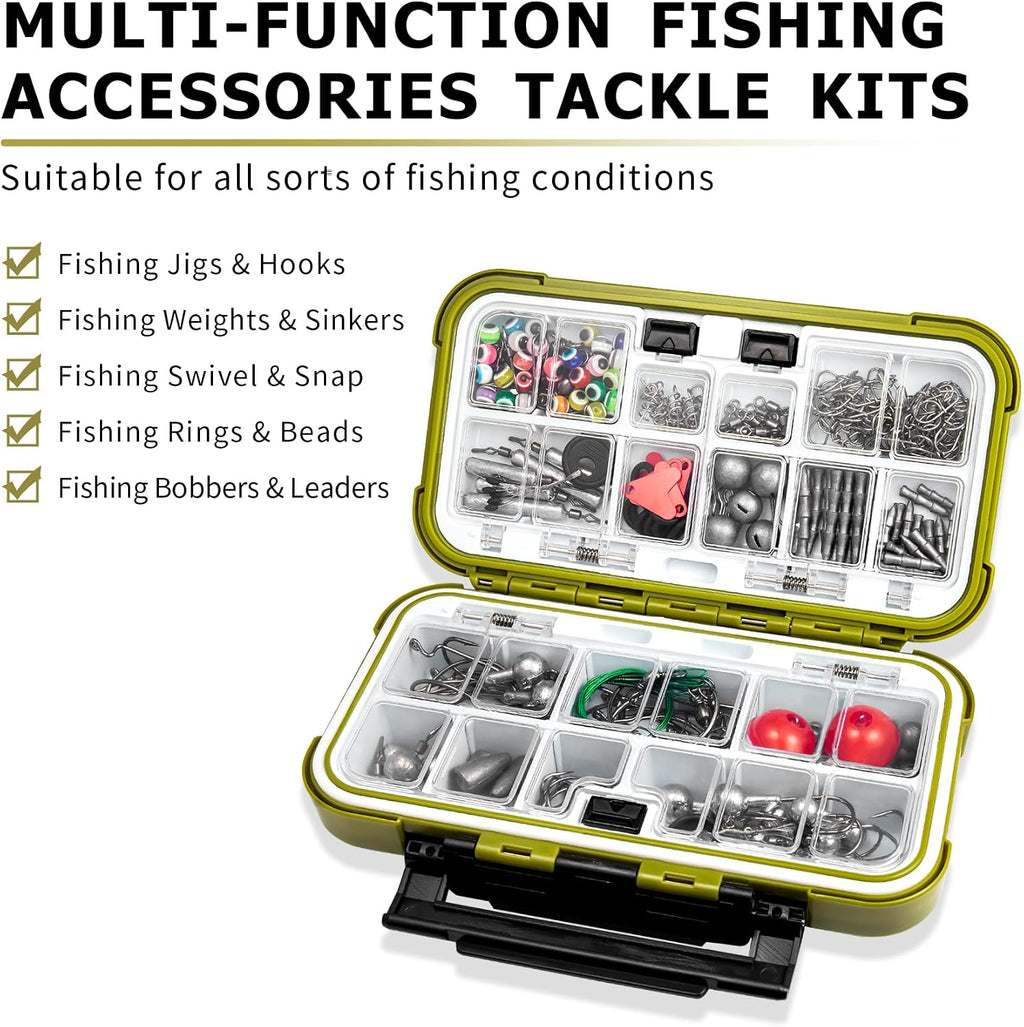 TRUSCEND Complete Fishing Accessories - Tackle Box with Tackle Included, Fishing Hooks, Jig Heads, Sinkers, Weights, Swivels, Snaps, Bobbers, Leaders - Fishing Gear Set for Bass Trout Panfish Walleye