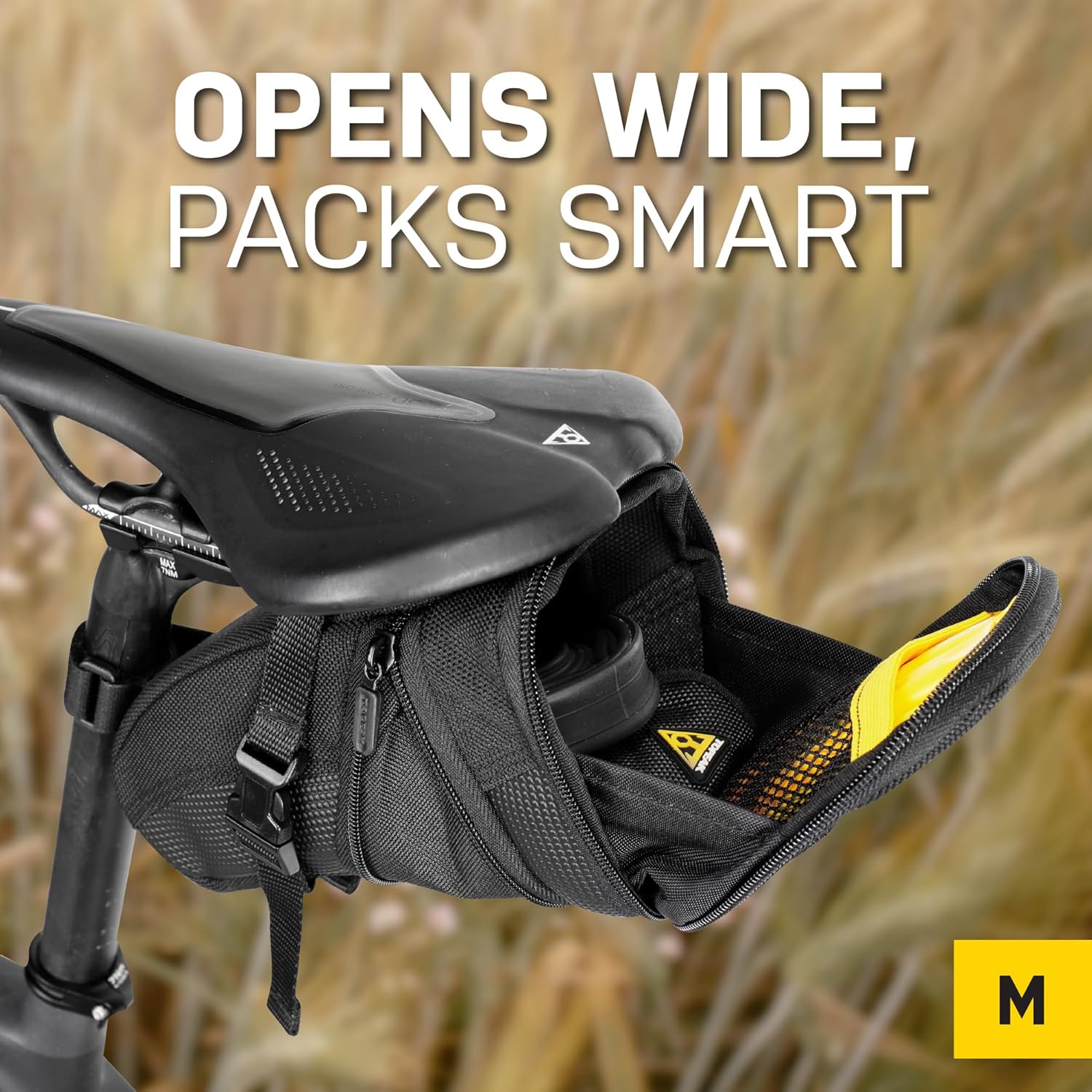 Topeak Aero Wedge Pack (Strap Mount, Medium) – Aerodynamic Seat Bag for Bikes, 1200D Polyester Construction, Quick-Release Buckle Mount, Expandable Storage, 3M Reflective Strip & Safety Light Clip