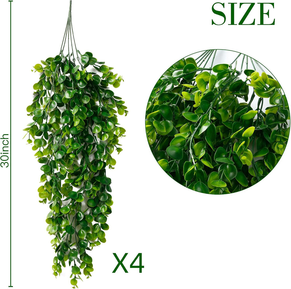 Sggvecsy 4 Pack Artificial Hanging Plants Fake Hanging Plant Faux Hanging Eucalyptus Plants UV Resistant Plastic Plants for Indoor Outdoor Room Wall Wedding Patio Porch Decor