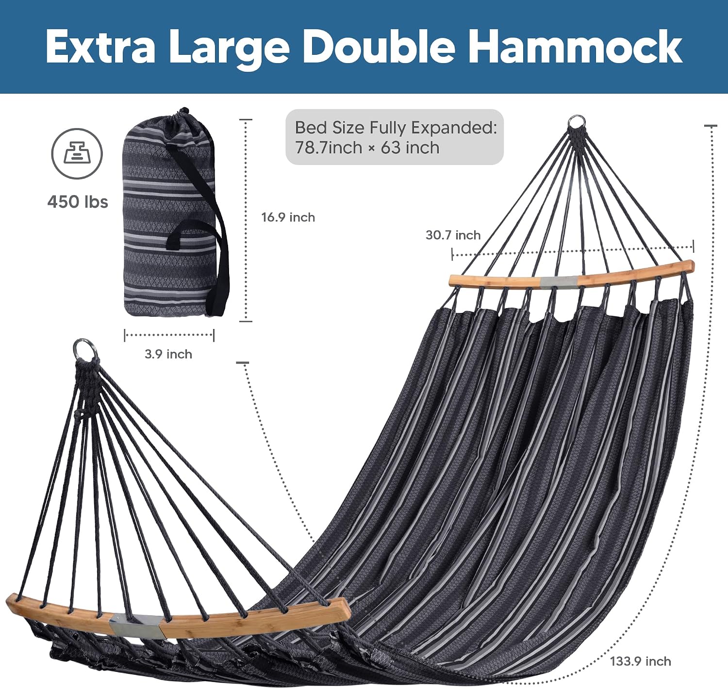 SUNCREAT Hammocks Double Hammock with Curved Spreader Bar, Dark Gray