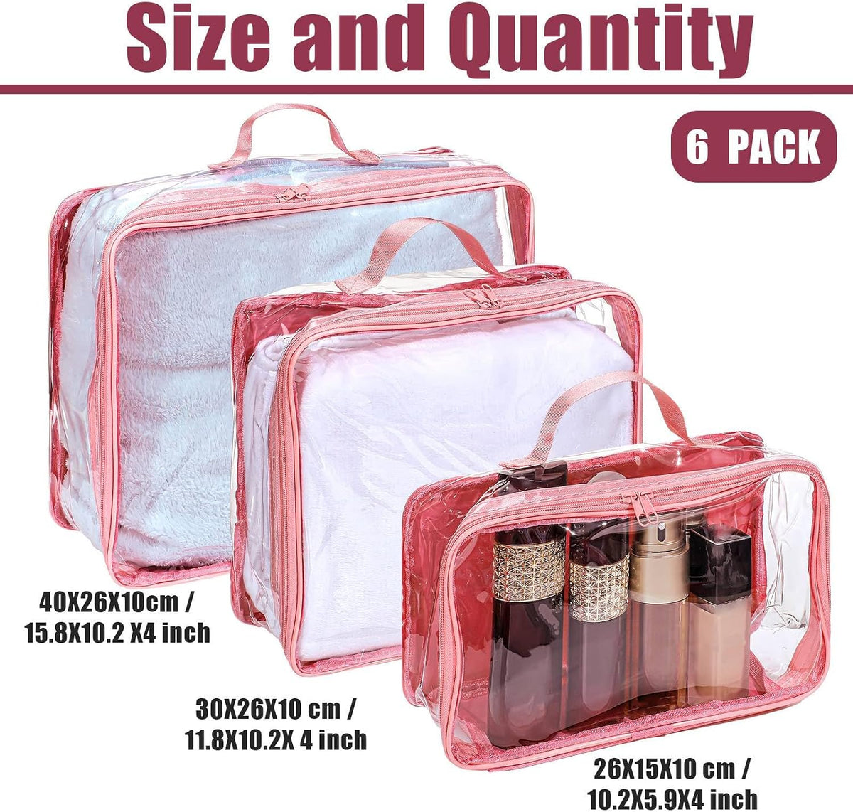 Hillban 6 Pcs Large Clear Packing Cubes for Travel, 3 Sizes PVC Bags, Pink