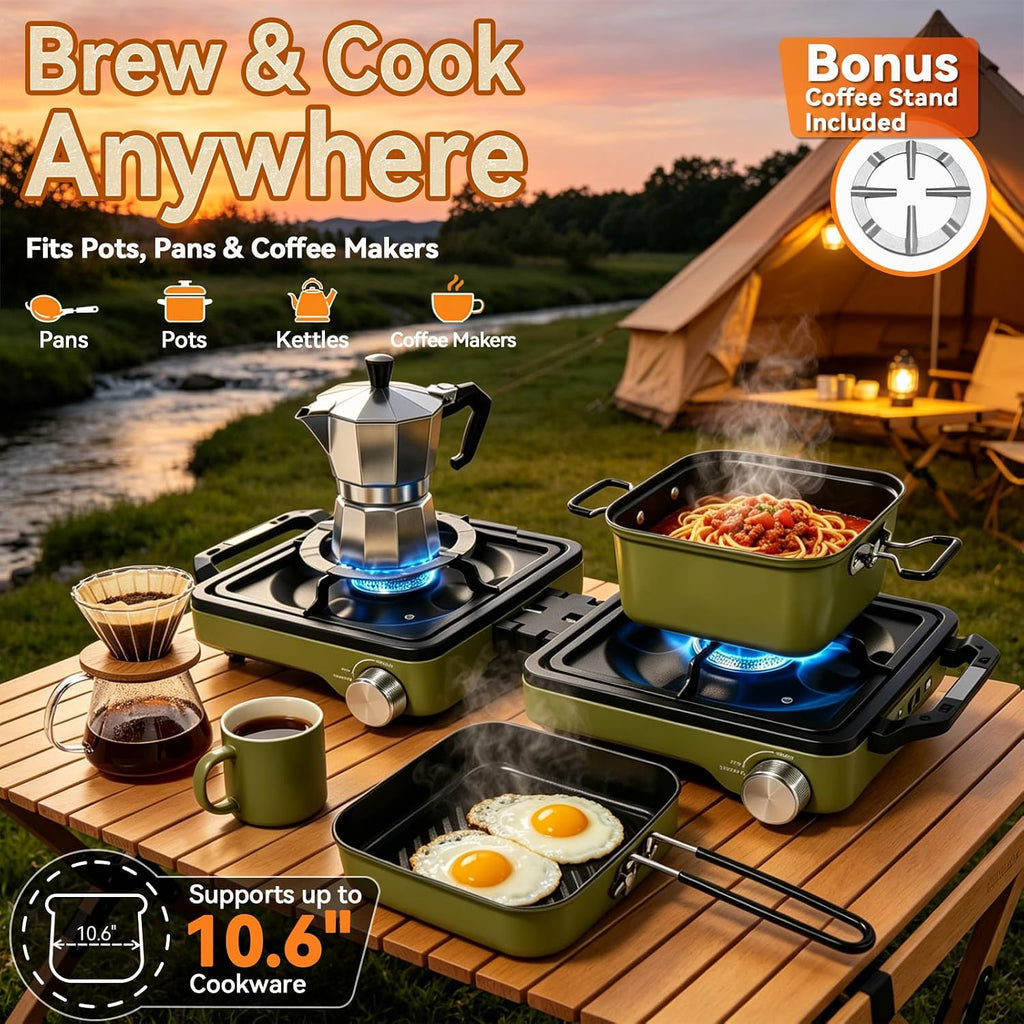 2 Burner Portable Propane Camping Stove Kit, 24000 BTU Foldable Hiking Stove with Frying Pan, Pot, Windshield & Carry Bag, Outdoor Cookware Camp Cooking Set for Tailgating, BBQ, Picnic, Green