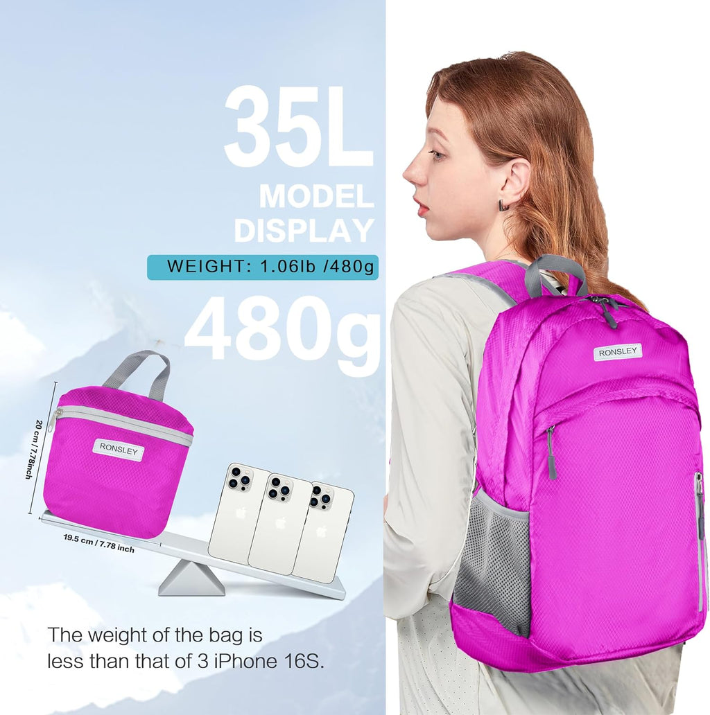 Waterproof Foldable Hiking Backpack, Lightweight Beach Bag HotPink