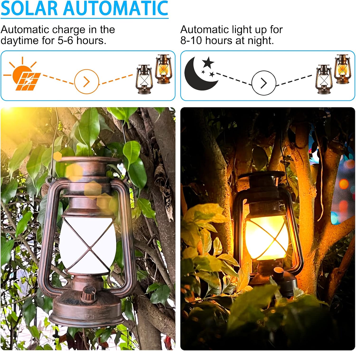 Solar Lantern Outdoor, Flickering Flame LED Vintage Lanterns 2Pack