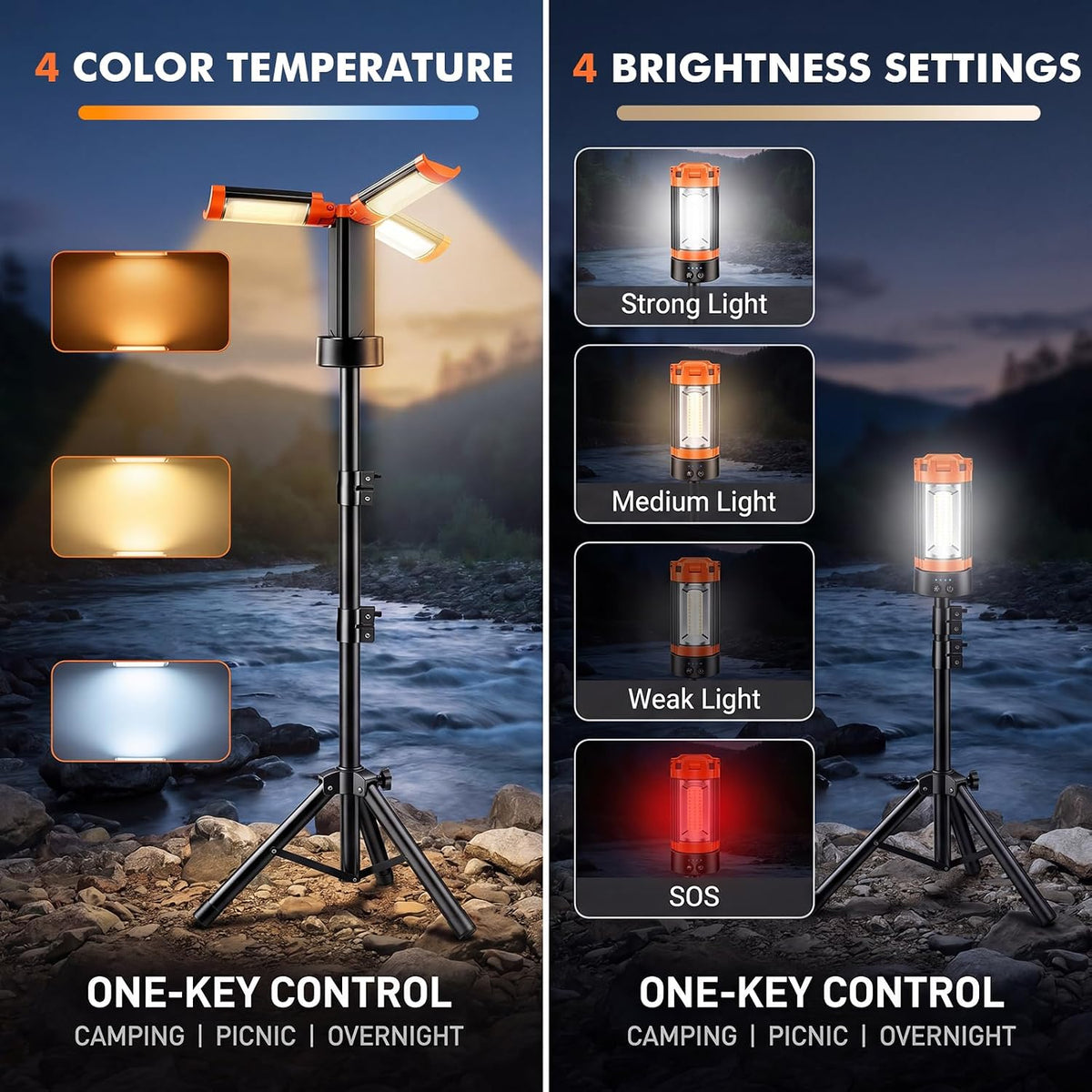 Rechargeable Camping Light with Stand, Magnetic 3 Colors Camping Lantern Work Light