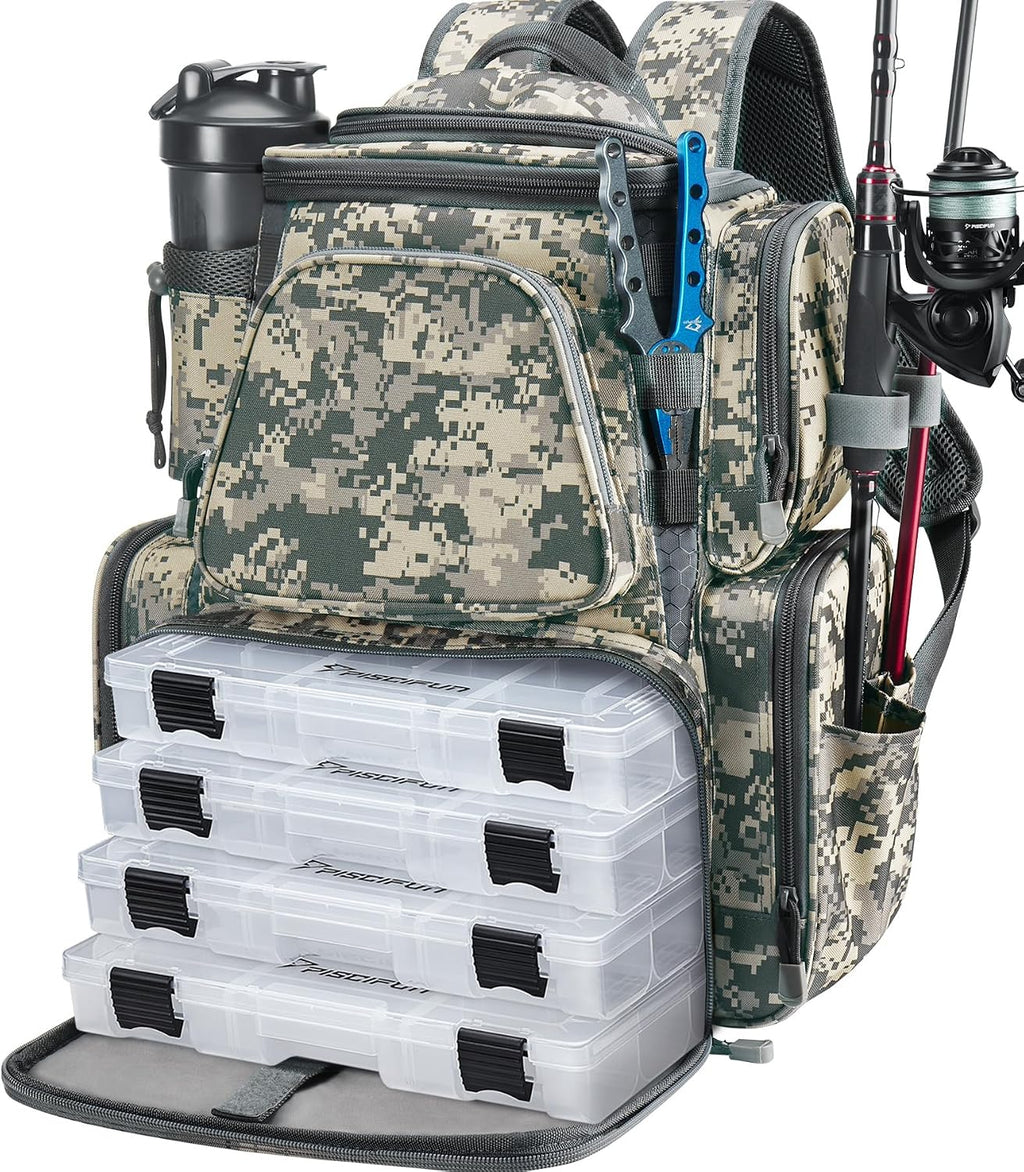 Piscifun Fishing Tackle Backpack with 2 Rod Holders, 4 Boxes & Rain Cover