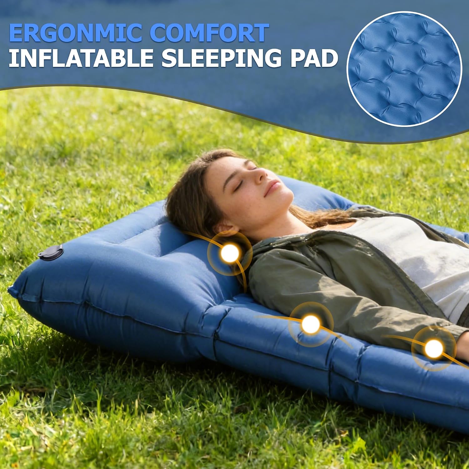 Toncoke Sleeping Pad, 4.7" Extra-Thick & Ultralight Inflatable Camping Mat with Pillow, Built-in Foot Pump, Compact for Backpacking, Camping, Hiking, Travel — Navy Blue