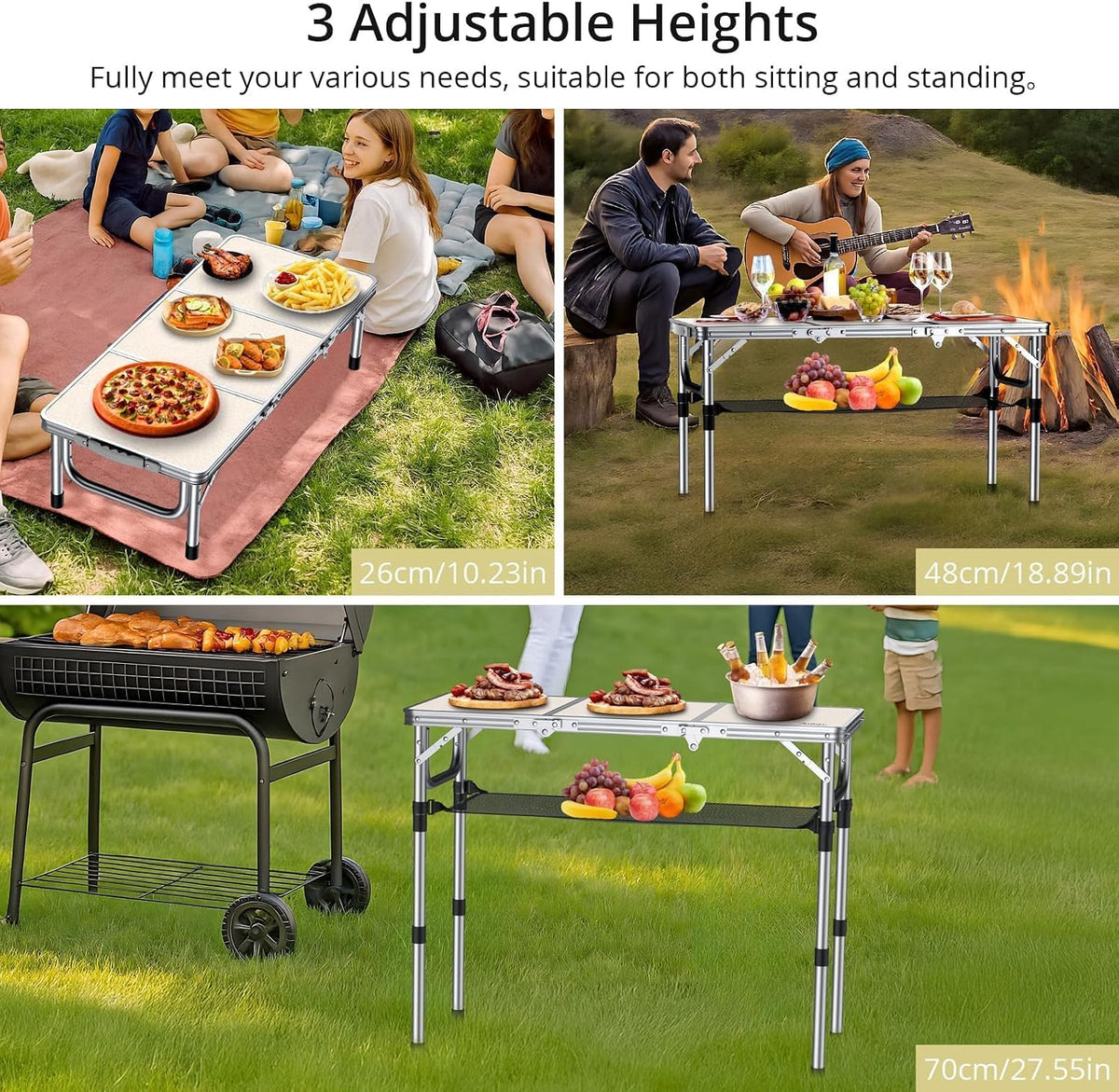 Anbte 3ft Folding Camping Table, 3 Adjustable Height Max 27.5", Silver