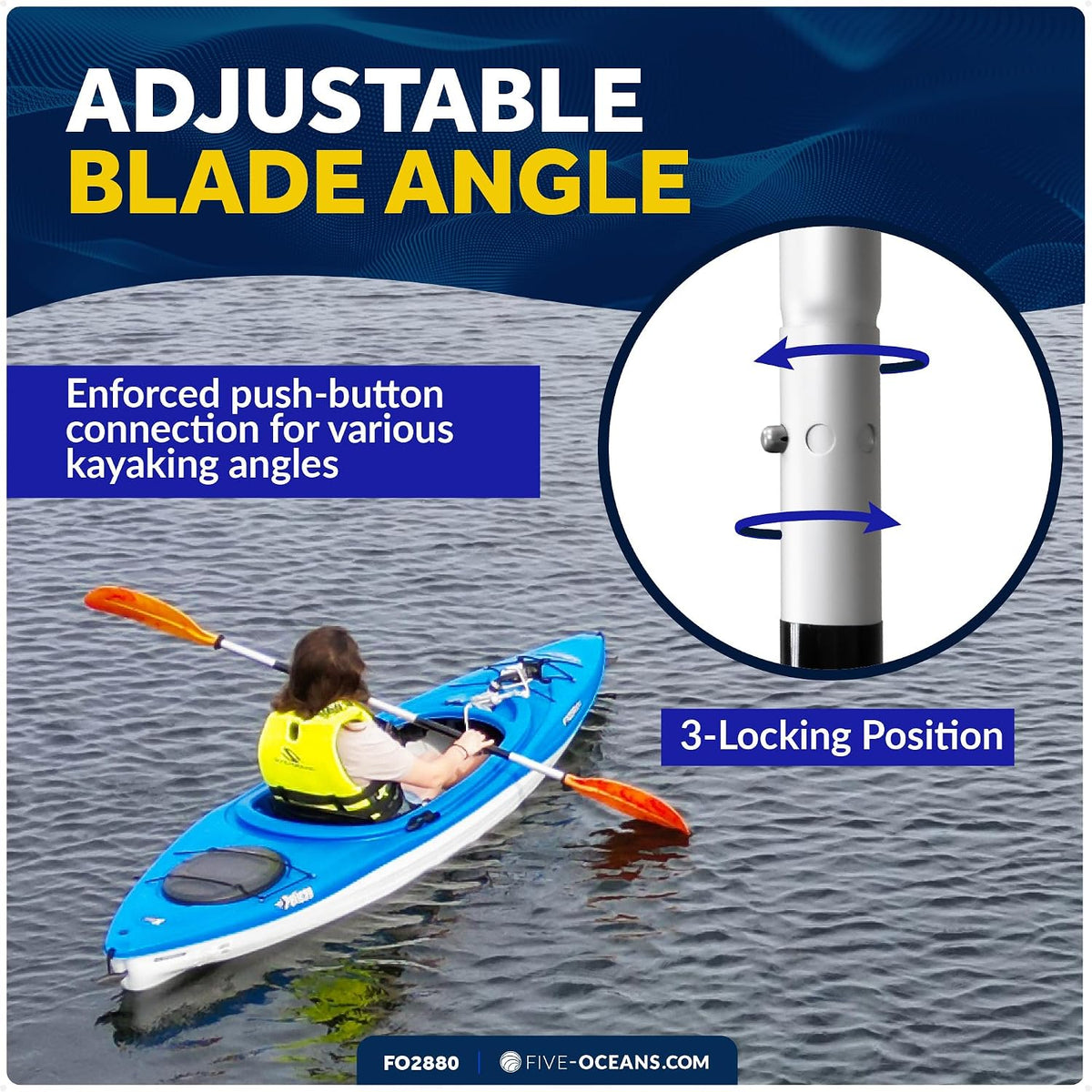 Five Oceans Kayak Paddles, 84" - 7ft Kayak Fishing Paddle, Detachable Heavy-Duty Aluminum Shaft, Reinforced Fiberglass Blades, 2-Piece Snap-Button, Lightweight Paddle Design for All Kayaks - FO2880