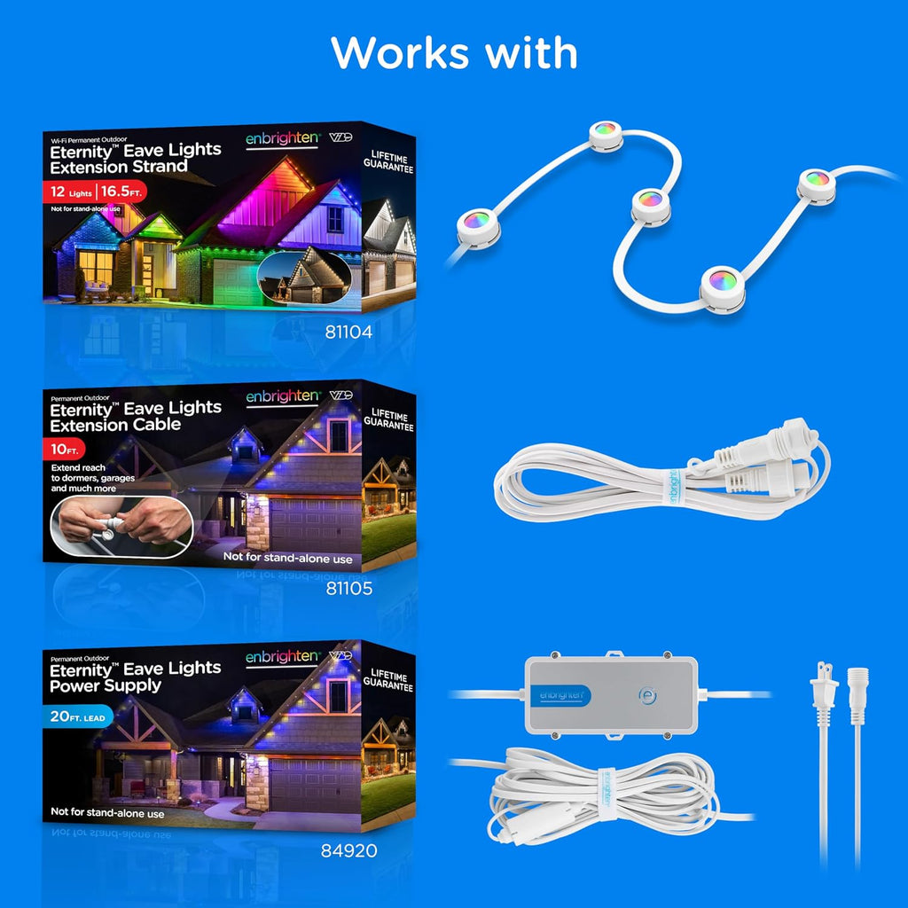 Enbrighten Eternity Permanent Outdoor Lights, 50ft with 36 RGBWIC LED Lights, App‑Controlled, Cuttable, Christmas, Accent & Year‑Round Eave Lighting, Works with Alexa & Google Home, 81102