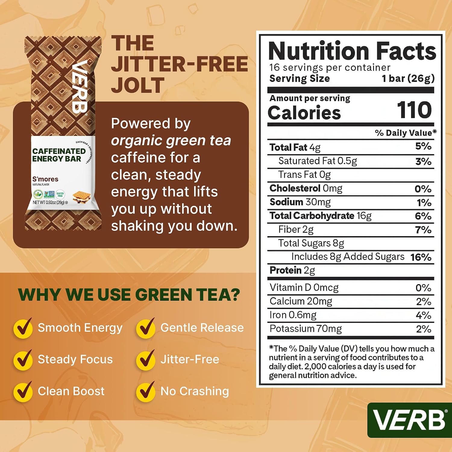 Verb Caffeinated Energy Bars S'mores (26g, Pack of 16) 110 Calories