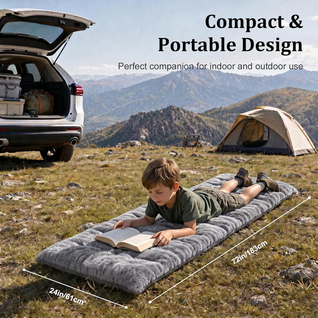 Thick Camping Sleeping Pad - Faux Rabbit Fur Ultra Soft & Non-Slip Sleeping Mat with Portable Roll up Camping Cot Pad for Travel Car Tent Guest Bed