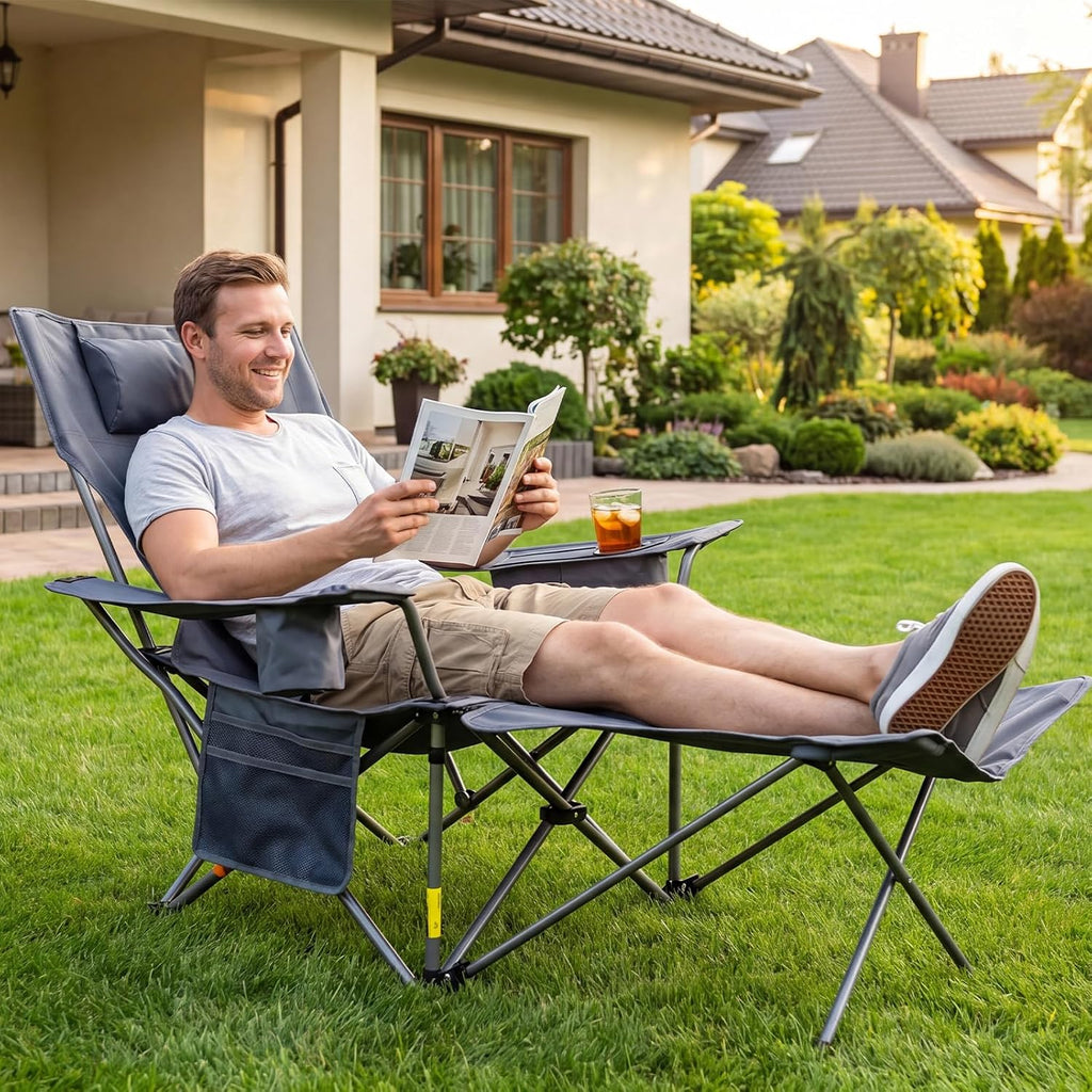 Romswi 2 Pack Reclining Camping Chairs with Removable Footrests, 4-Position Adjustable Lounge Chairs, 300 LBS Heavy Duty Folding Chairs with Cooler Bag, Cup Holder & Carry Bag, Grey