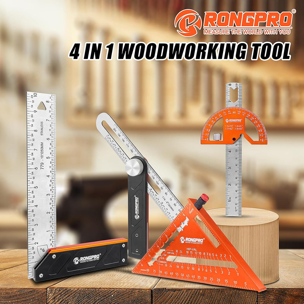 4Pcs Woodworking Tools -7''Aluminum Rafter Square,12''Adjustable Protractor Angle Finder,10'Woodworking Square Ruler and T-Bevel Gauge-1/16 Precision…