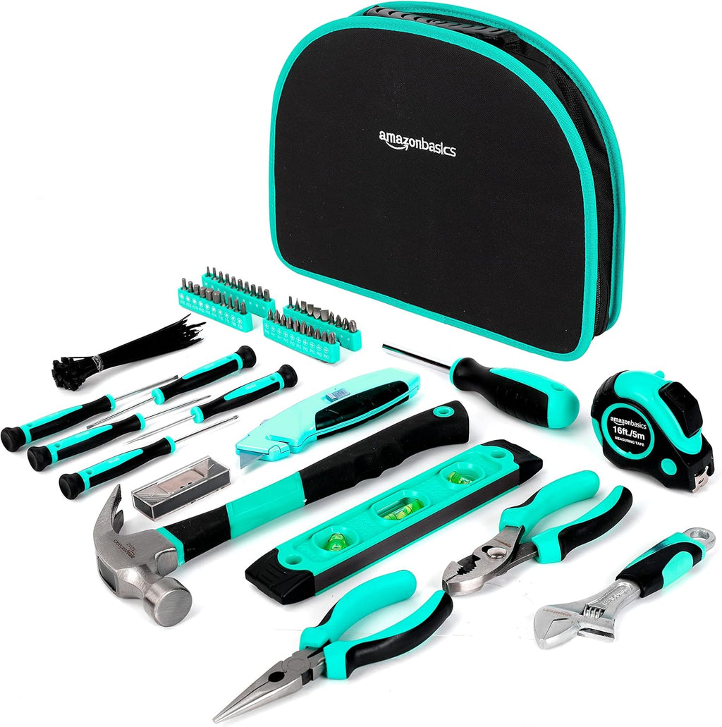 Amazon Basics 104-Piece Home Repair Household Tool Set with Easy Carrying Round Pouch, Portable Hand Tool Kit, Turquoise, 14.4 x 11.4 x 3 inches
