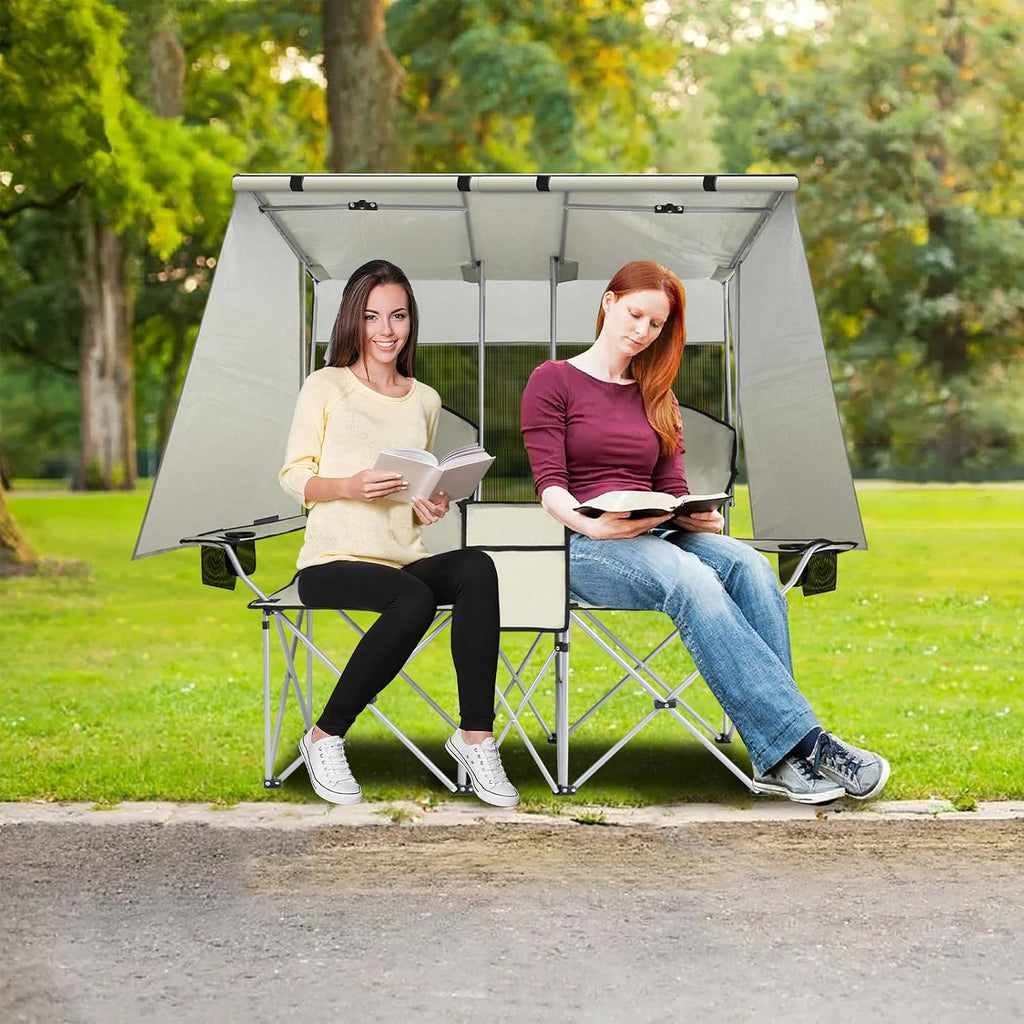 Double Beach Chair with Canopy Shade,Heavy Duty Camping Chair for Aduls,Folding Beach Chair with Cup Holder Cooler Bag for Sports Beach Outside（White）