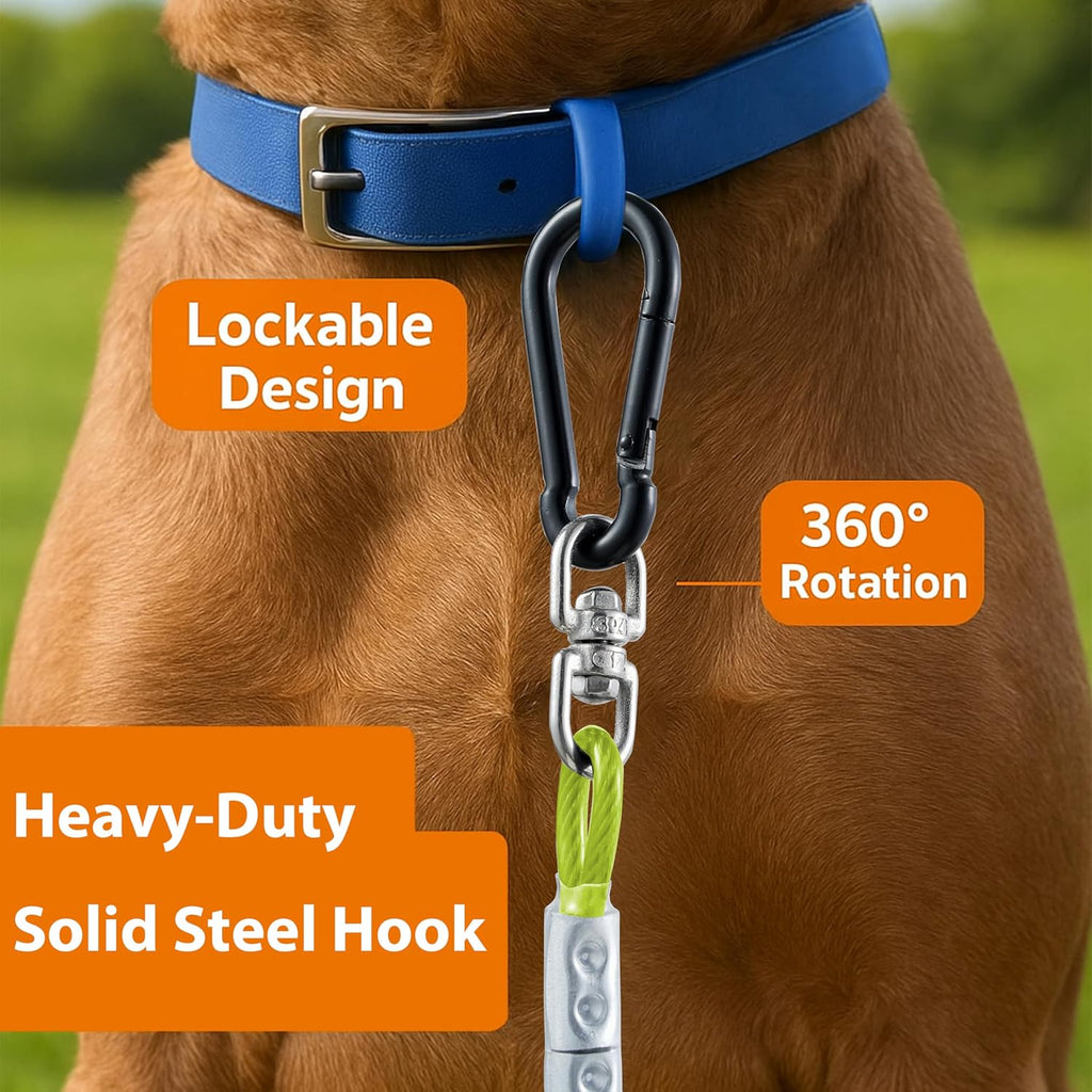 Heavy Duty Dog Tie Out Cable for Medium & Large Dogs up to 250lbs, 10/20/30/50/70/100ft Strong Steel Pet Leash for Outdoor Yard, Camping & Training (Lime Green, 20FT)