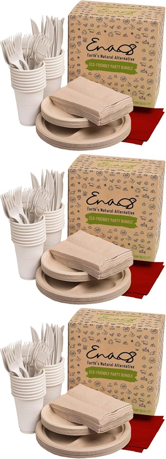 Eco-friendly Camping Supplies [16 Dinnerware Set] for Picnic Basket & Party Supplies. Compostable Paper Plates, Napkins, Biodegradable Utensils, Cups, Green Tablecloths, by Earth's Natural Alternative