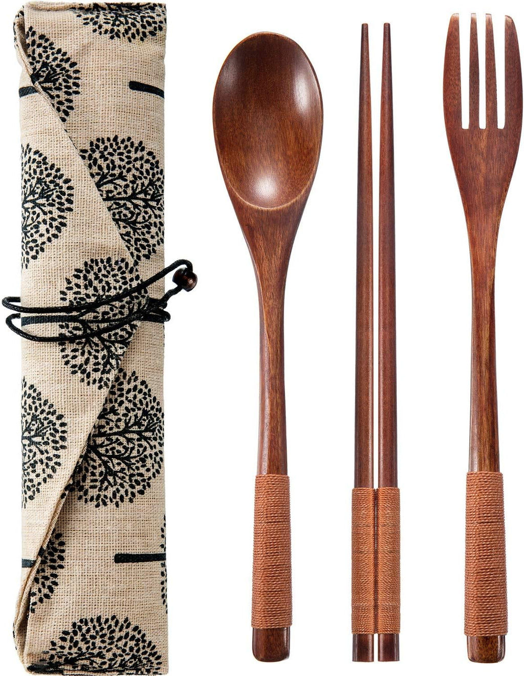 Tatuo 2 Sets Wooden Utensil Set, Portable Spoon Fork Chopsticks with Pouch