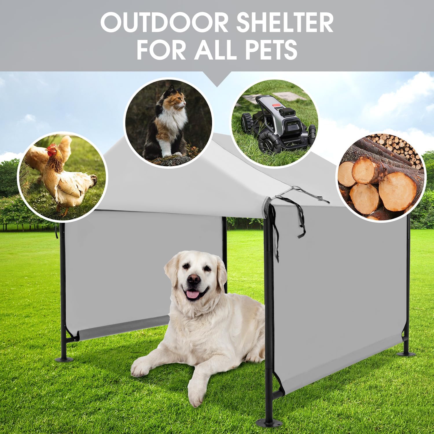 4x4 FT Extra Large Dog House Outdoor with Upgraded Doors, Weatherproof Dog Shade Shelter for Outside, Sun Rain Canopy Pet House for Large Dogs, Large Dog Tent Outdoor, Grey