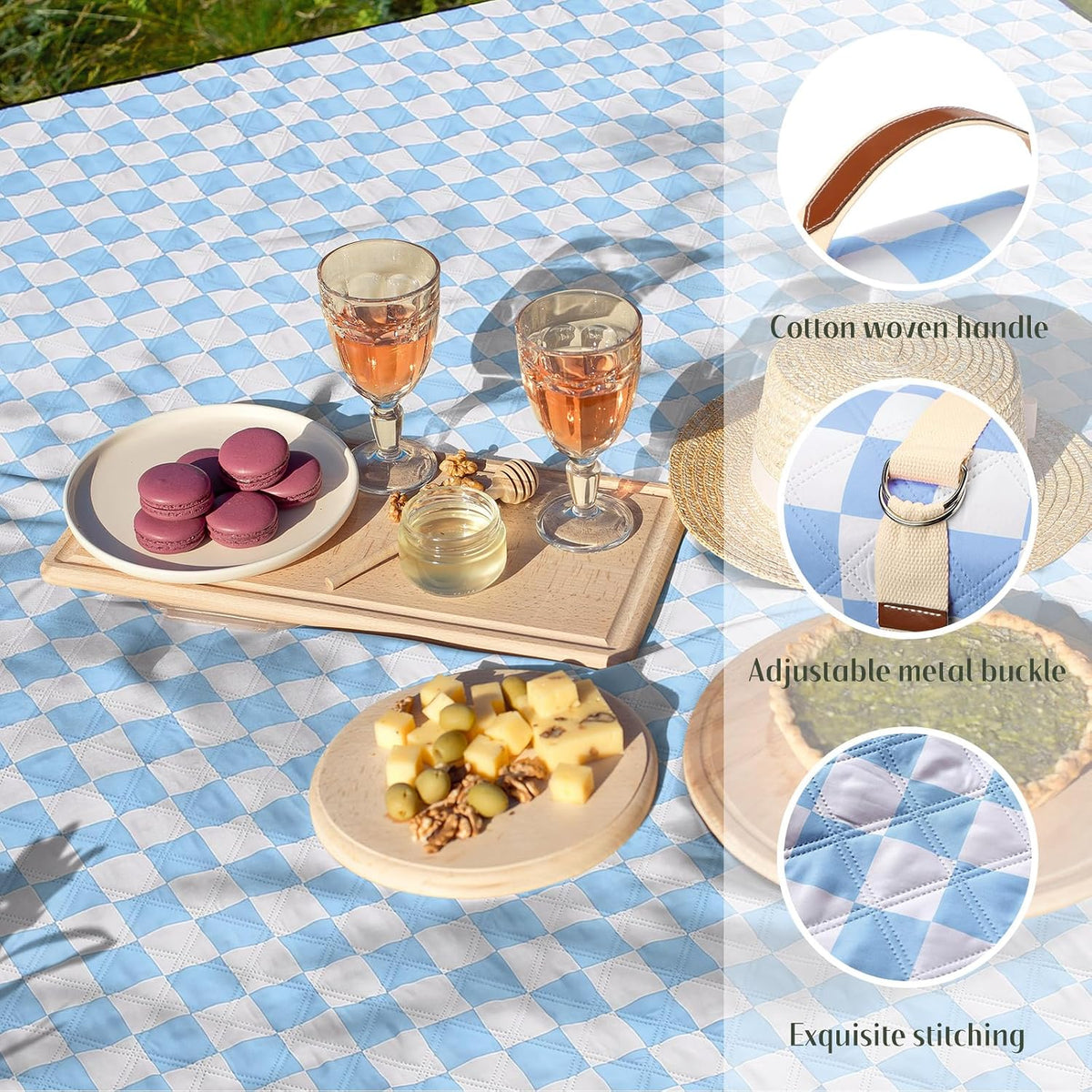 Nuanchu Checkered Picnic Blanket Extra Large Outdoor Blanket Sandproof 80"x80" Waterproof Portable Machine Washable 3 Layer Thick Gingham Picnic Mat for Beach Camping Park Grass Travel(Light Blue)
