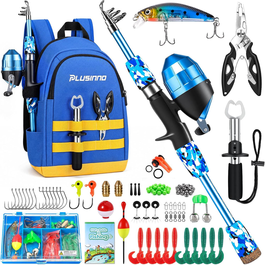 PLUSINNO Kids Fishing Pole, Telescopic Fishing Rod and Reel Combo, Fishing Gear Kit with Backpack, Tackle Box, Spincast Reel, Youth Toddler Fishing Poles for Boys Girls Age 3-5 5-10