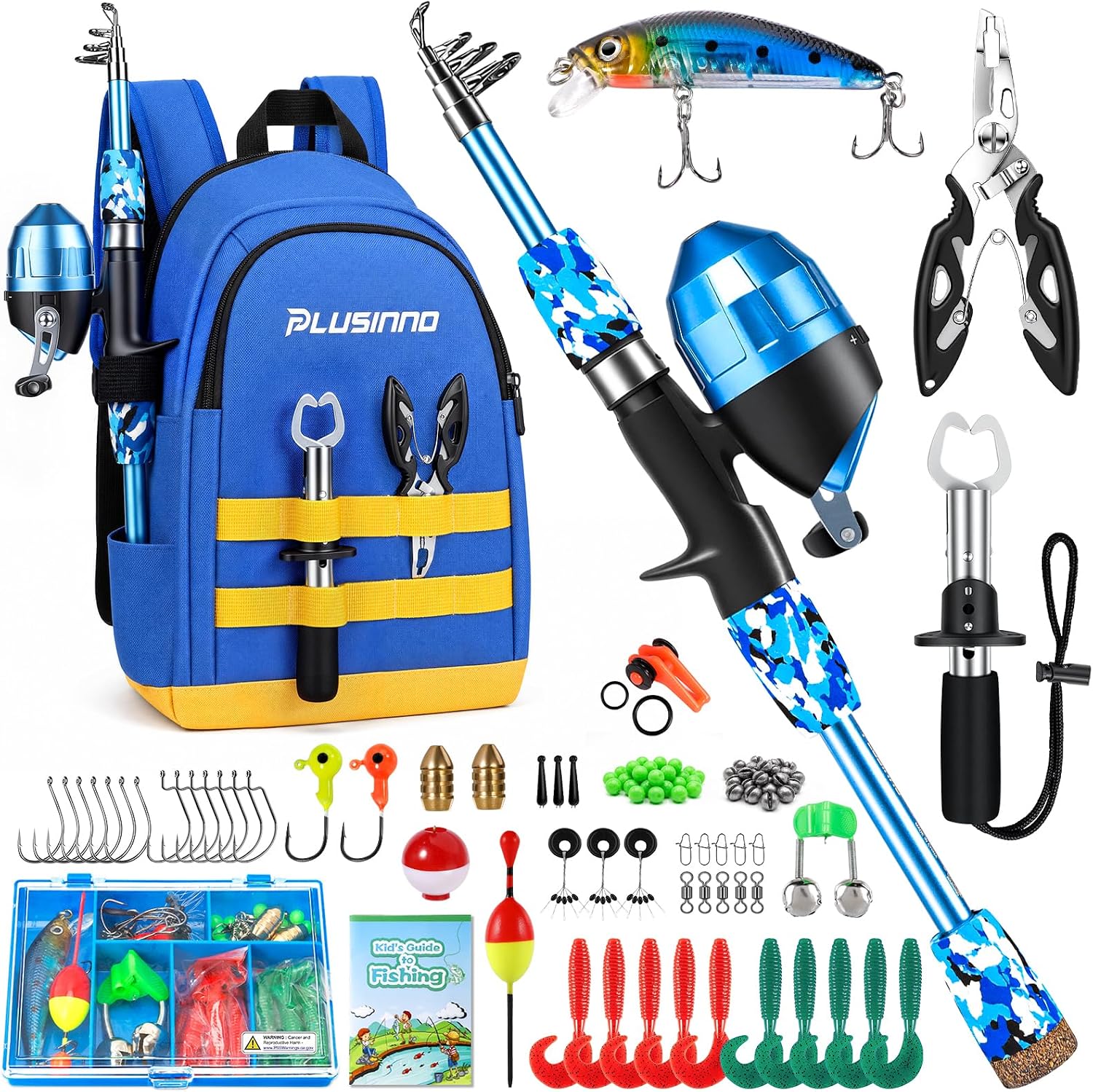 PLUSINNO Kids Fishing Pole, Telescopic Fishing Rod and Reel Combo, Fishing Gear Kit with Backpack, Tackle Box, Spincast Reel, Youth Toddler Fishing Poles for Boys Girls Age 3-5 5-10