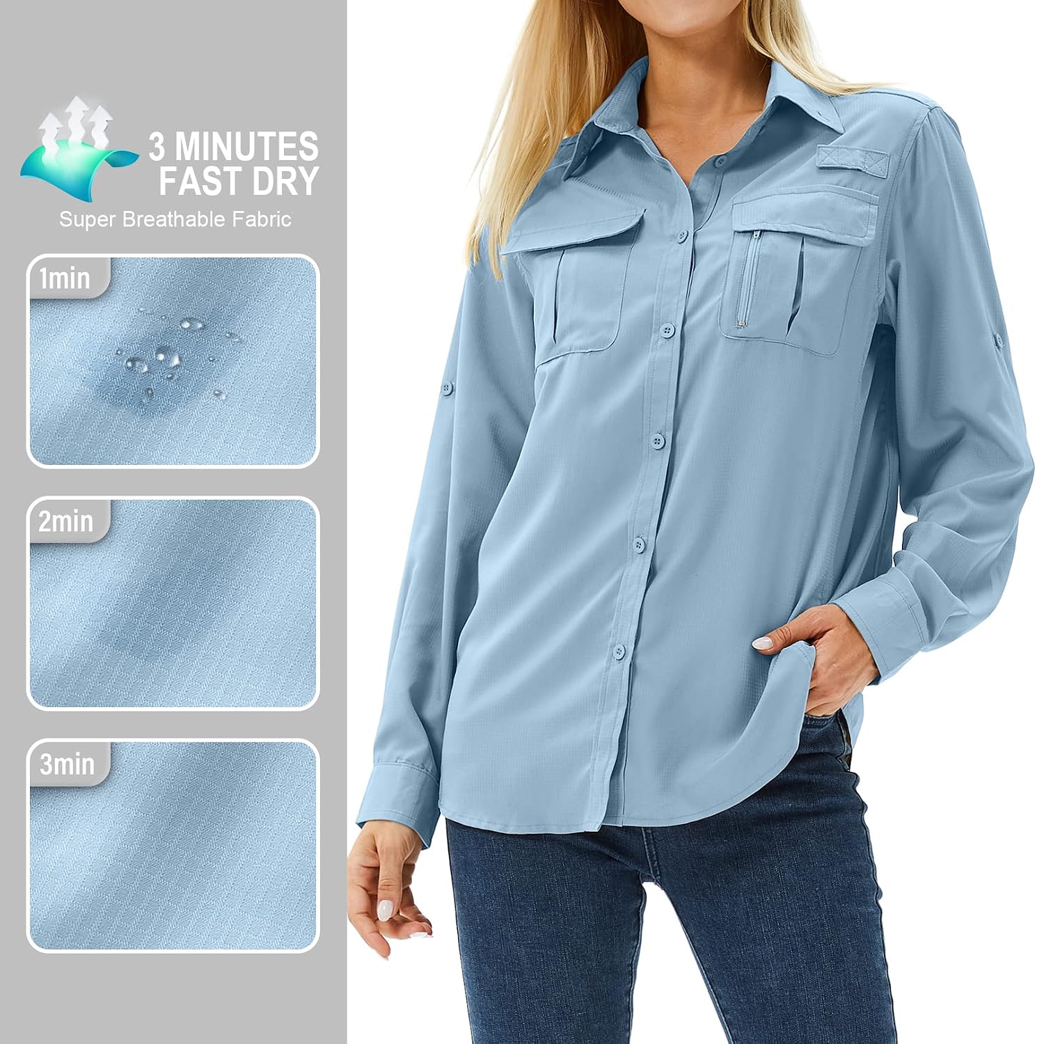 Women's UPF 50 Long Sleeve Sun Protection Safari Fish Hiking Shirts