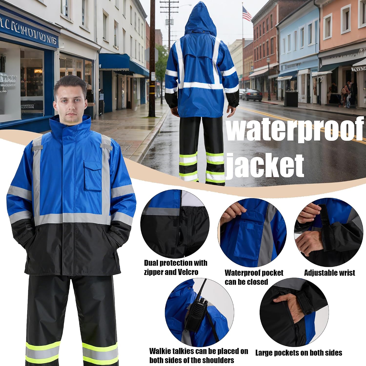 sesafety Hi Vis Rain Jacket, Rain Suits for Men Waterproof withBlack Bottom