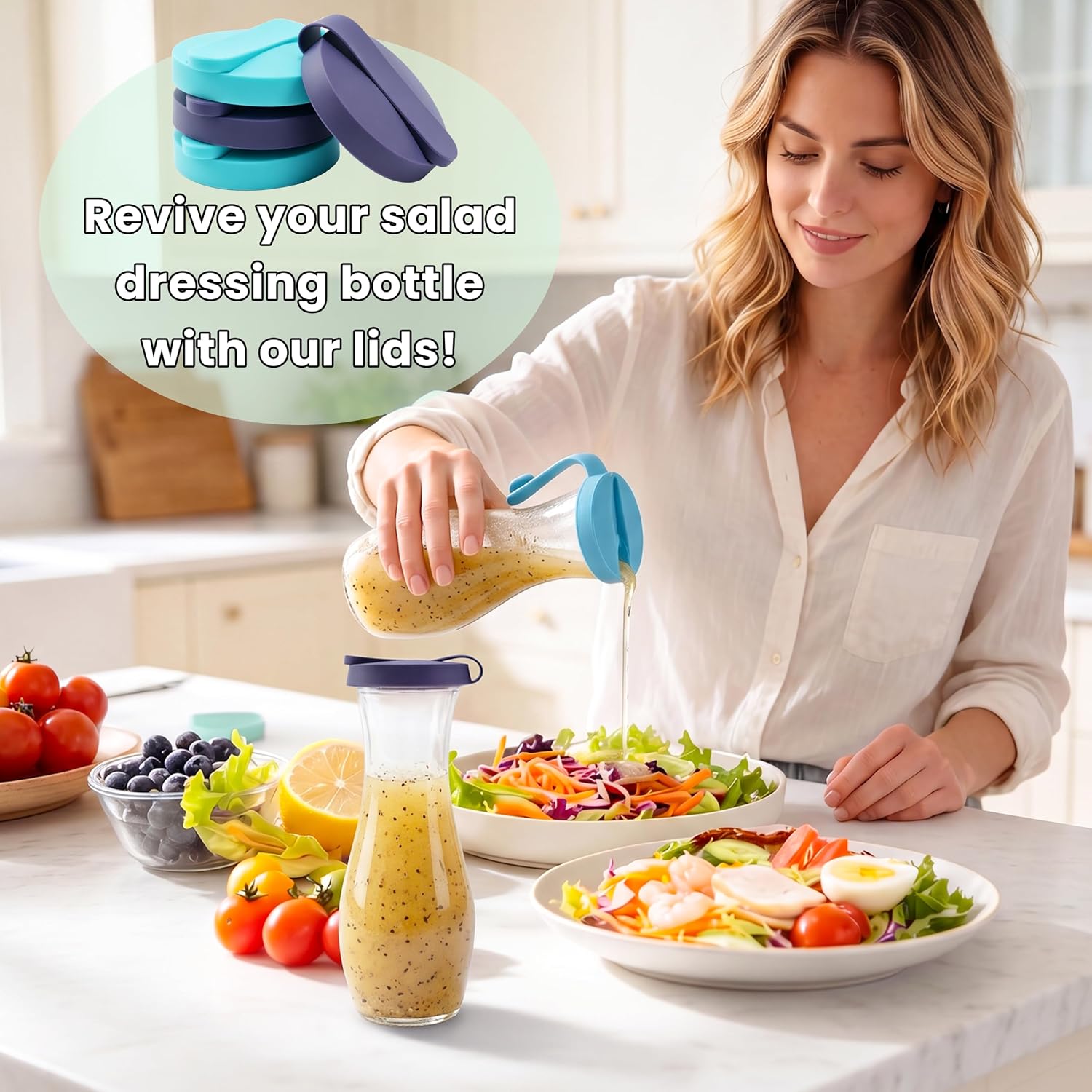 Replacement Lids for Good Seasons Cruet, Silicone Lid for Italian Dressing Mix Cruet Bottle, Leak-proof Seal, Food-Grade Cover, Dishwasher Safe (Bottle Not Included, 4-Pack 2 Colors)
