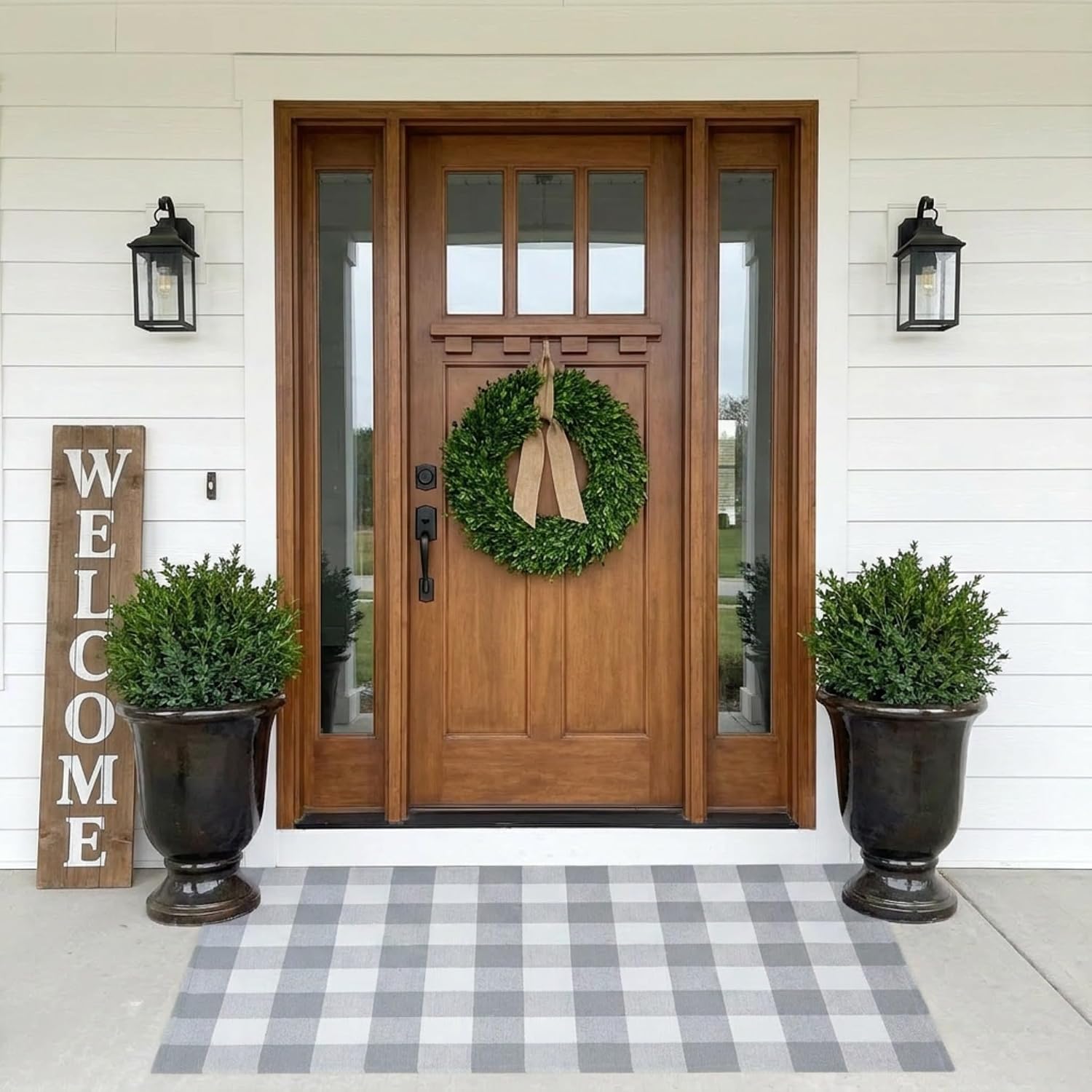 MUBIN Cotton Buffalo Plaid Rug, 3' x 5' Gray White Outdoor Rug Front Door Decorative Mat, Washable Doormat Hand-Woven Foldable Area Rug Layered Door Mats Rug for Front Porch, Entryway, Patio
