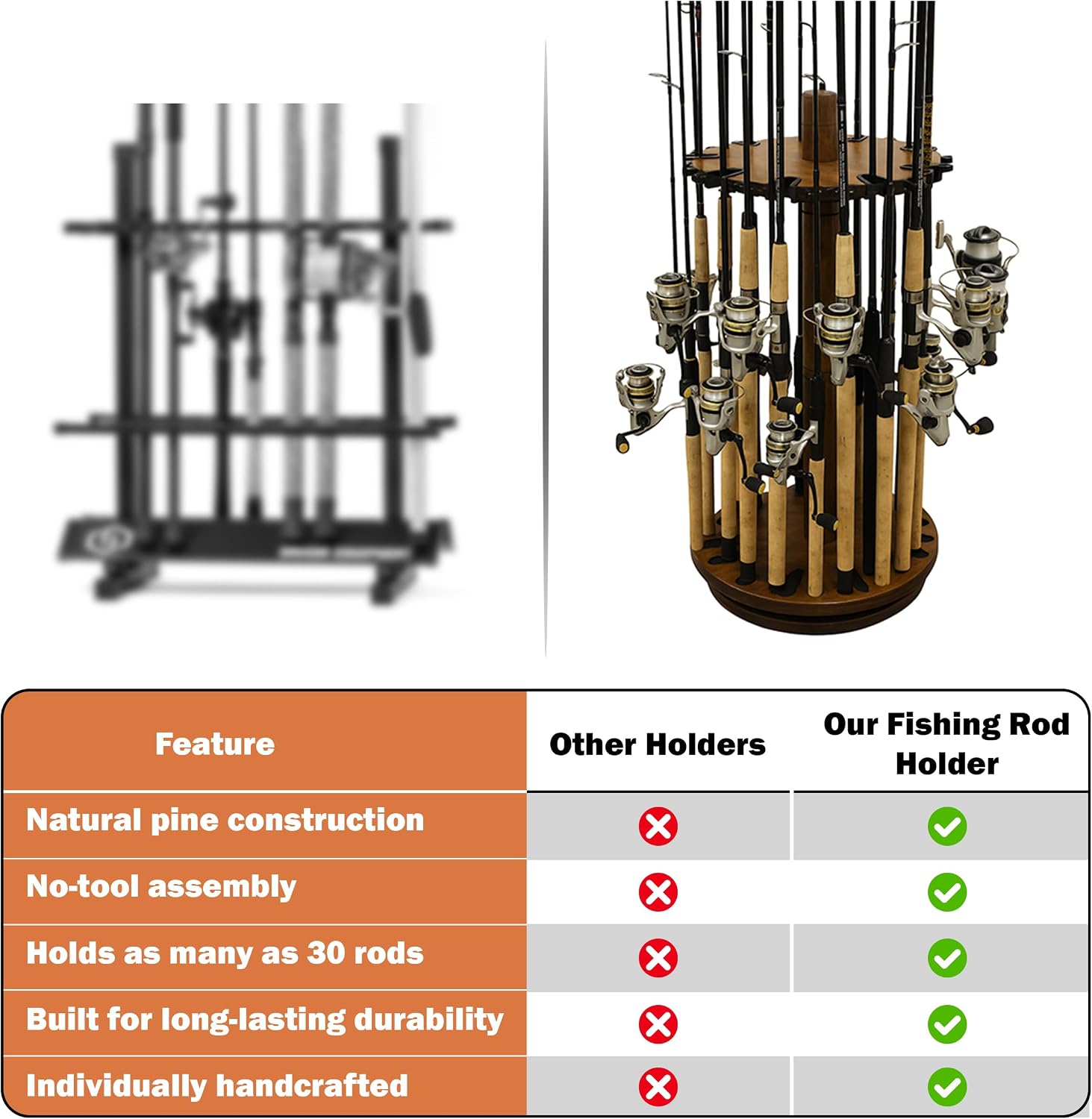 30-Fishing Rod Spinning Wood Storage Rack – Dark Stain