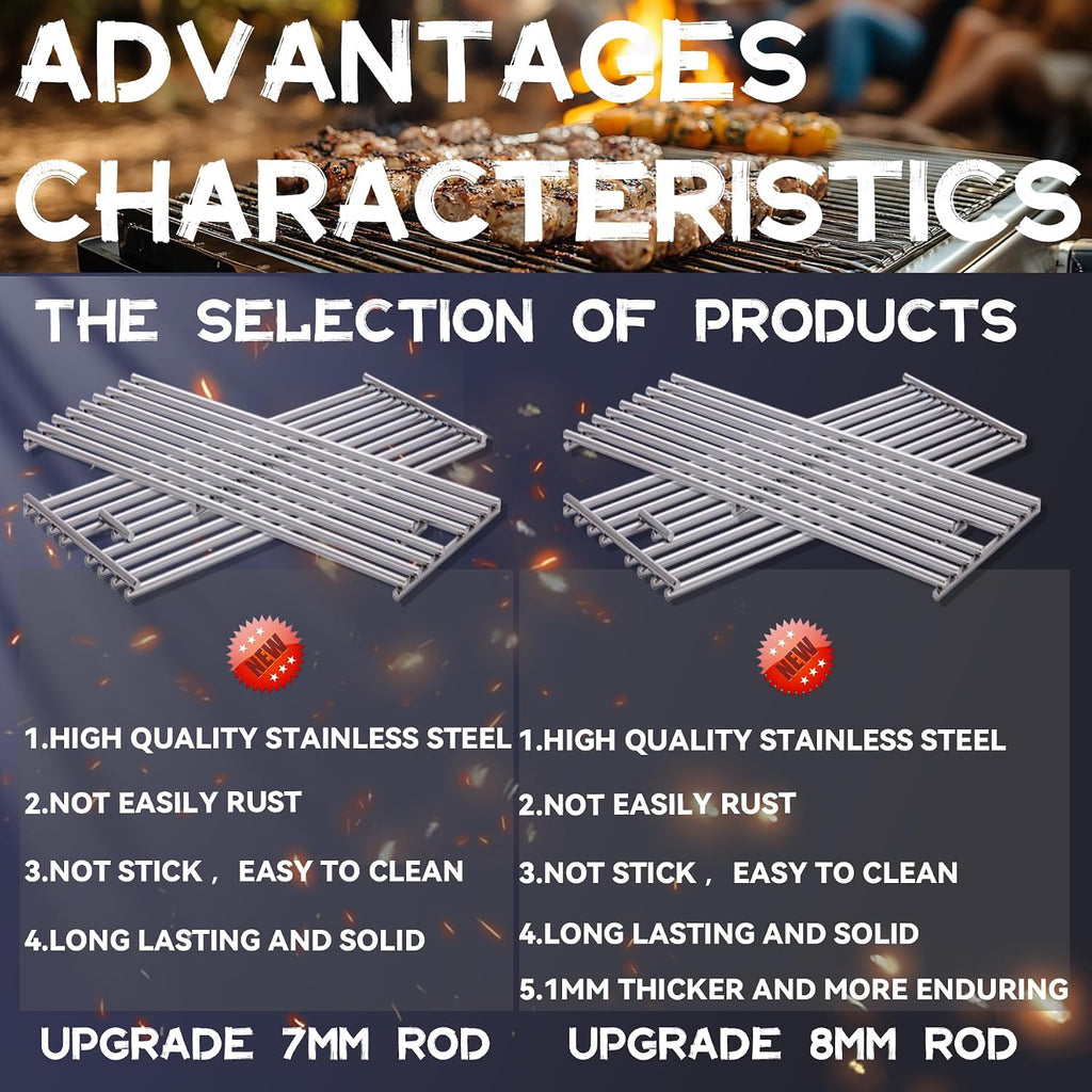 4 Pack 7mm Process Upgrade Stainless Steel BBQ Grill Grates Replacement Parts for Bull 16517 18248 LP, 18249 NG,BBQ Angus,Brahma, Lonstar Select, Outlaw Steer Premium, Lonestar Select,7 Burner Premium