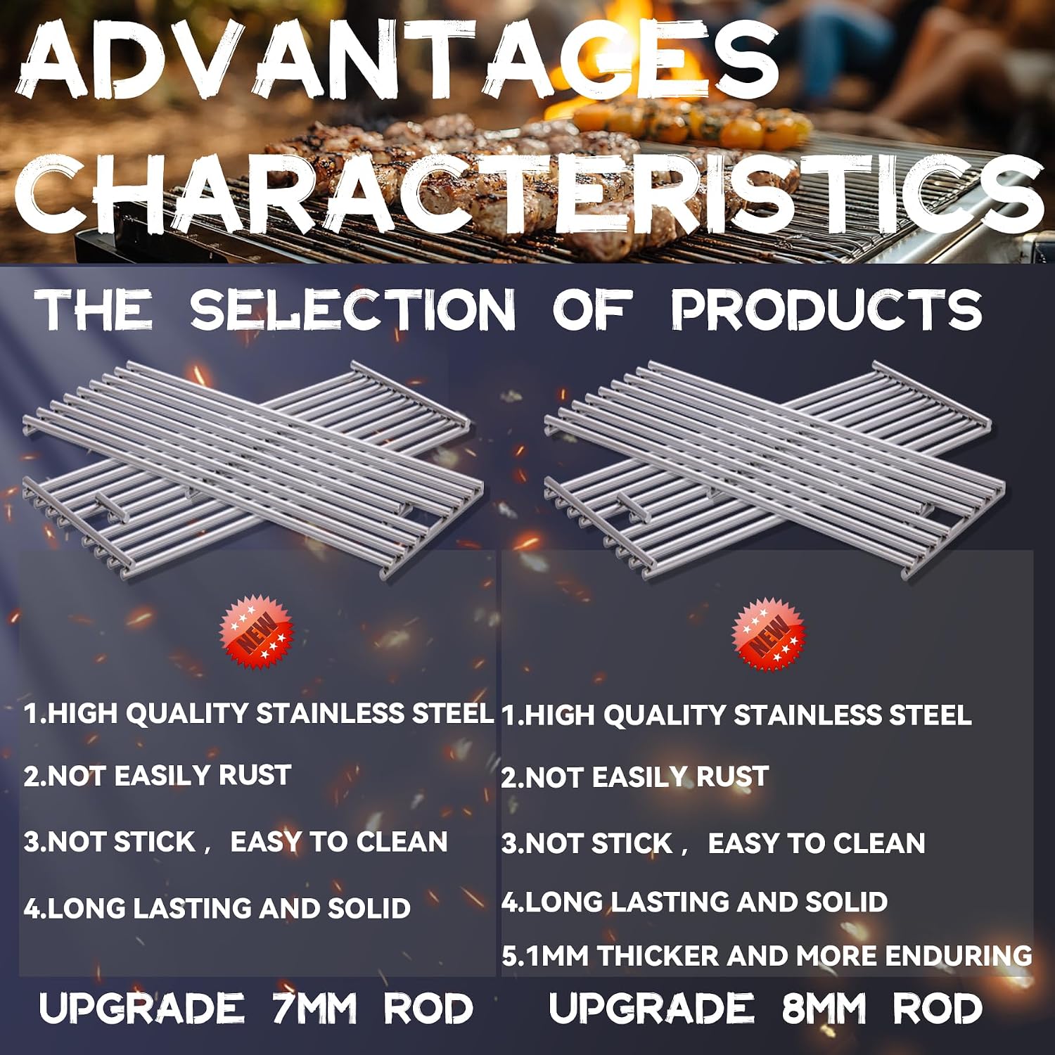 4 Pack 7mm Process Upgrade Stainless Steel BBQ Grill Grates Replacement Parts for Bull 16517 18248 LP, 18249 NG,BBQ Angus,Brahma, Lonstar Select, Outlaw Steer Premium, Lonestar Select,7 Burner Premium